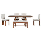 TOPMAX 6 Pieces 78inch Extendable Wood Dining Table Set with Bench, Traditional Kitchen Table Set with 18inch Removable Leaf and 4 Upholstered Dining Chairs, Espresso+Beige Dining Table Set