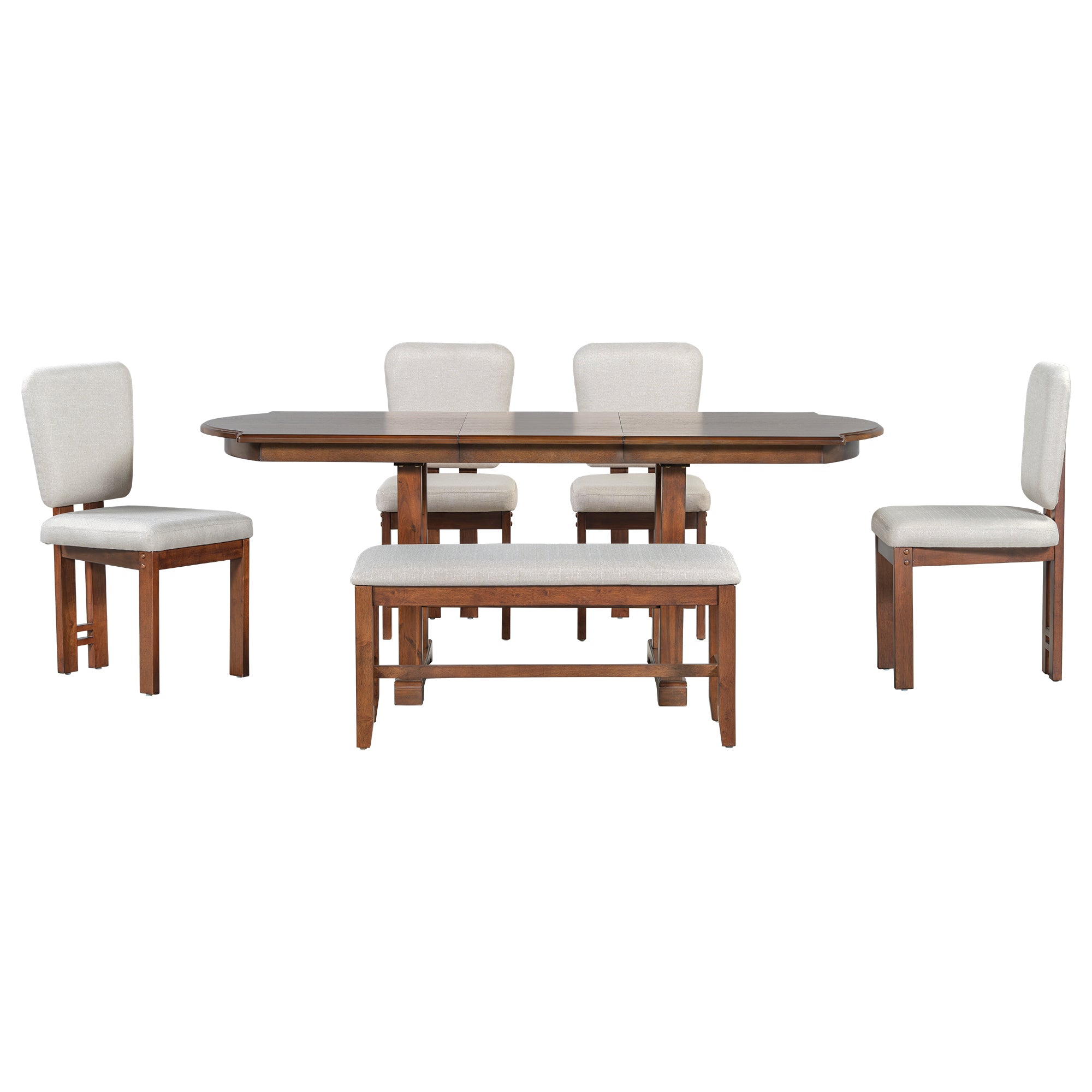 TOPMAX 6 Pieces 78inch Extendable Wood Dining Table Set with Bench, Traditional Kitchen Table Set with 18inch Removable Leaf and 4 Upholstered Dining Chairs, Espresso+Beige Dining Table Set
