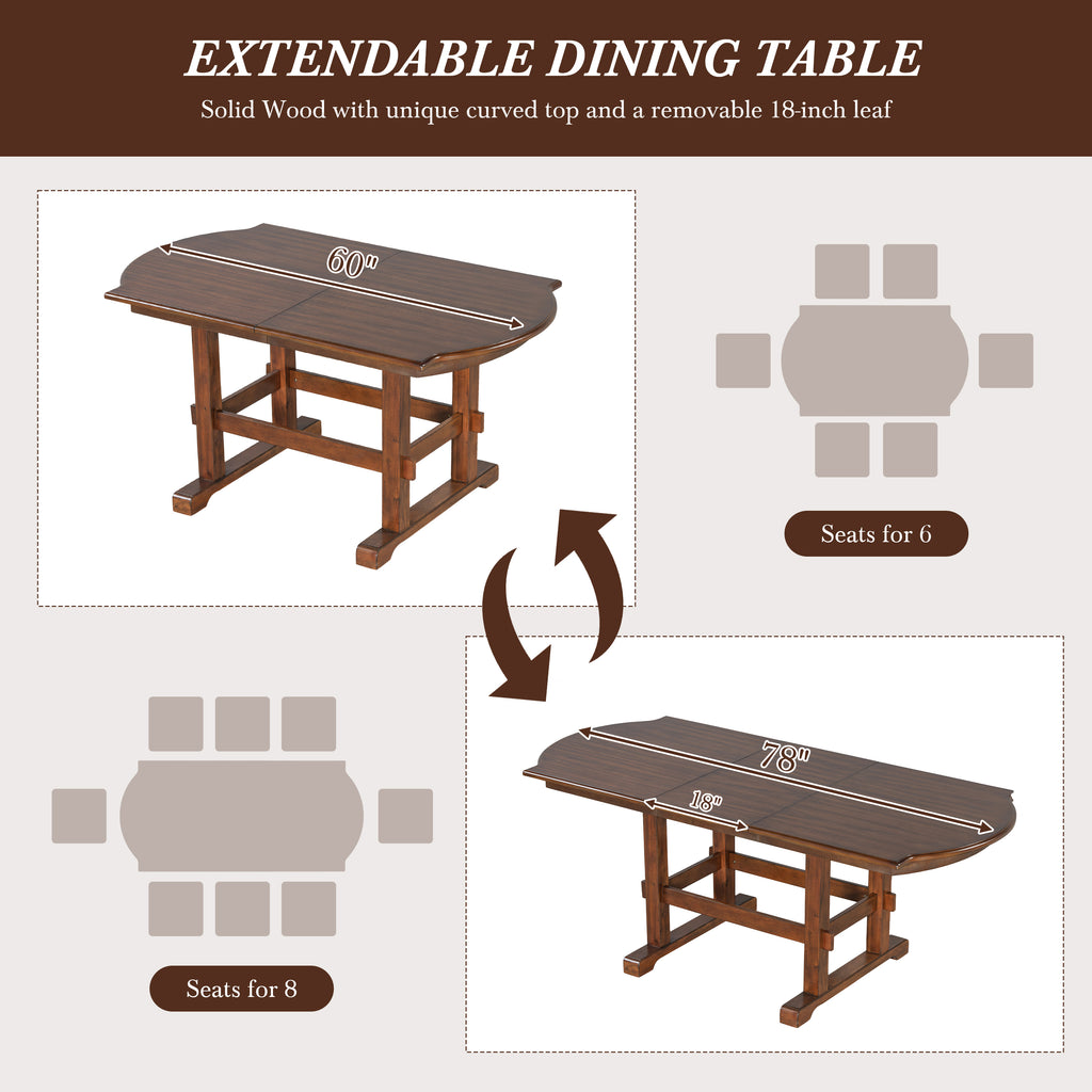 TOPMAX 6 Pieces 78inch Extendable Wood Dining Table Set with Bench, Traditional Kitchen Table Set with 18inch Removable Leaf and 4 Upholstered Dining Chairs, Espresso+Beige Dining Table Set