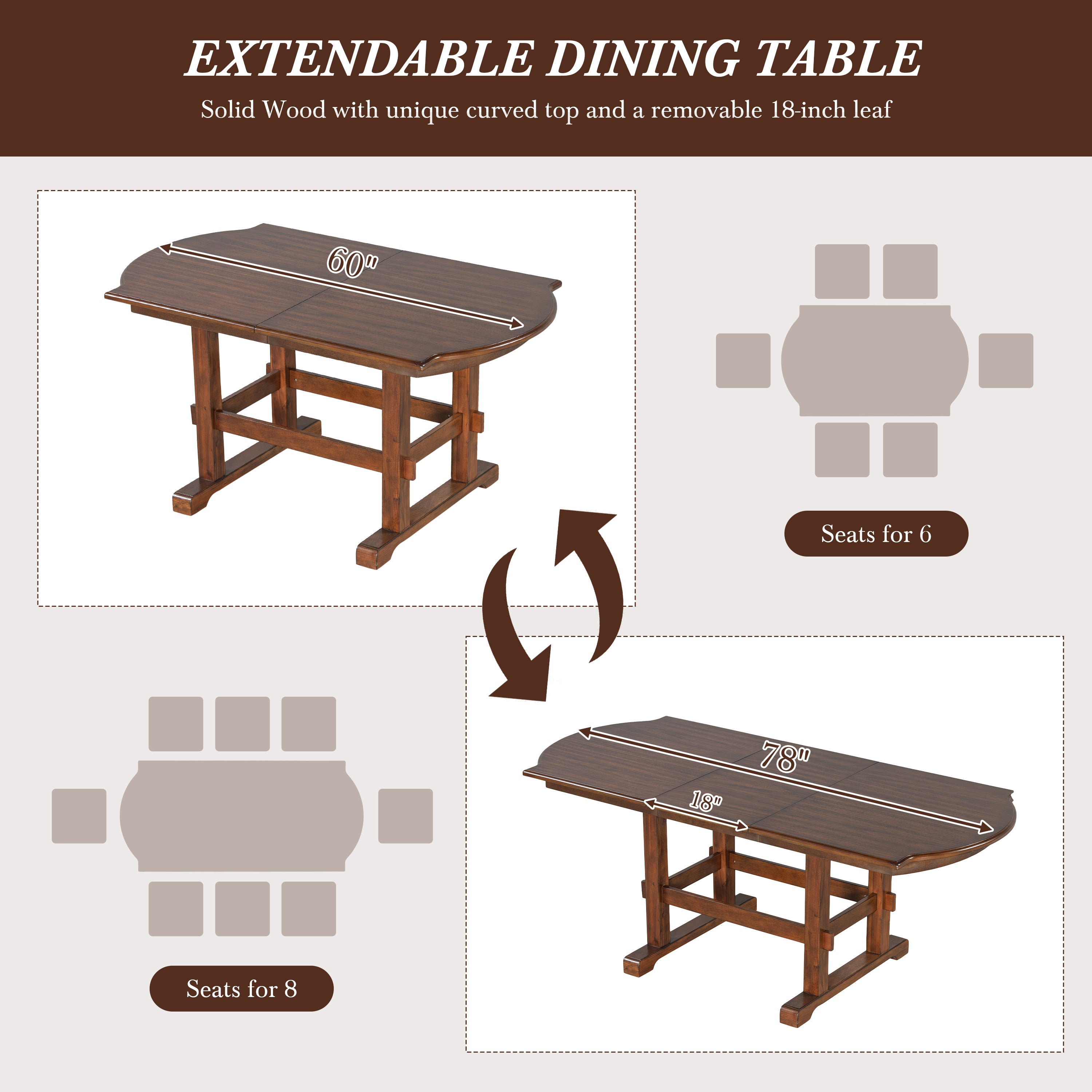 TOPMAX 6 Pieces 78inch Extendable Wood Dining Table Set with Bench, Traditional Kitchen Table Set with 18inch Removable Leaf and 4 Upholstered Dining Chairs, Espresso+Beige Dining Table Set