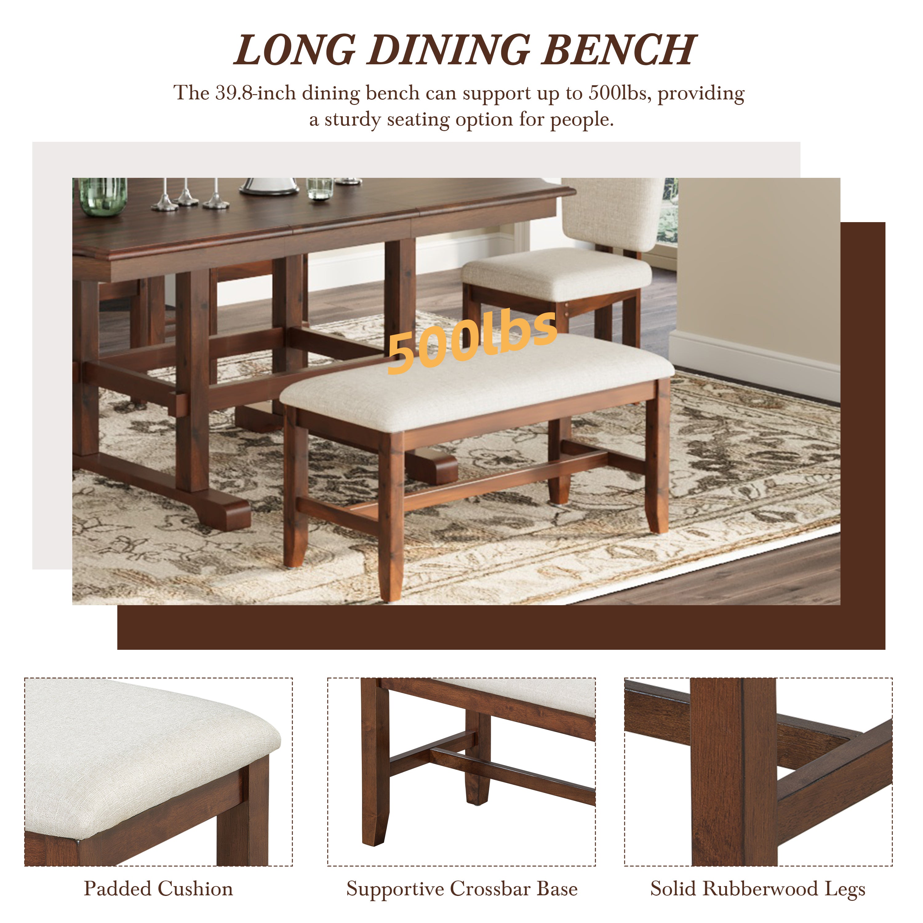 TOPMAX 6 Pieces 78inch Extendable Wood Dining Table Set with Bench, Traditional Kitchen Table Set with 18inch Removable Leaf and 4 Upholstered Dining Chairs, Espresso+Beige Dining Table Set