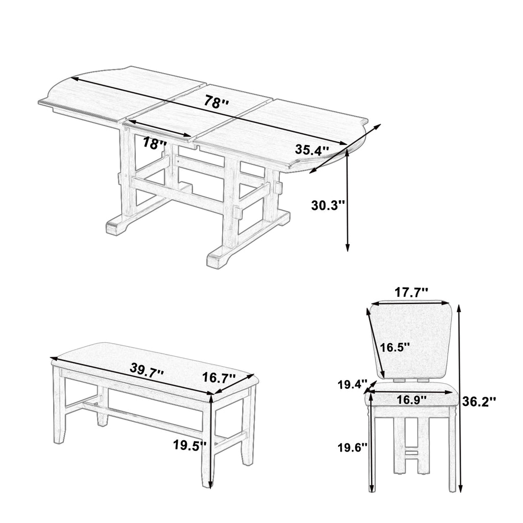 TOPMAX 6 Pieces 78inch Extendable Wood Dining Table Set with Bench, Traditional Kitchen Table Set with 18inch Removable Leaf and 4 Upholstered Dining Chairs, Espresso+Beige Dining Table Set