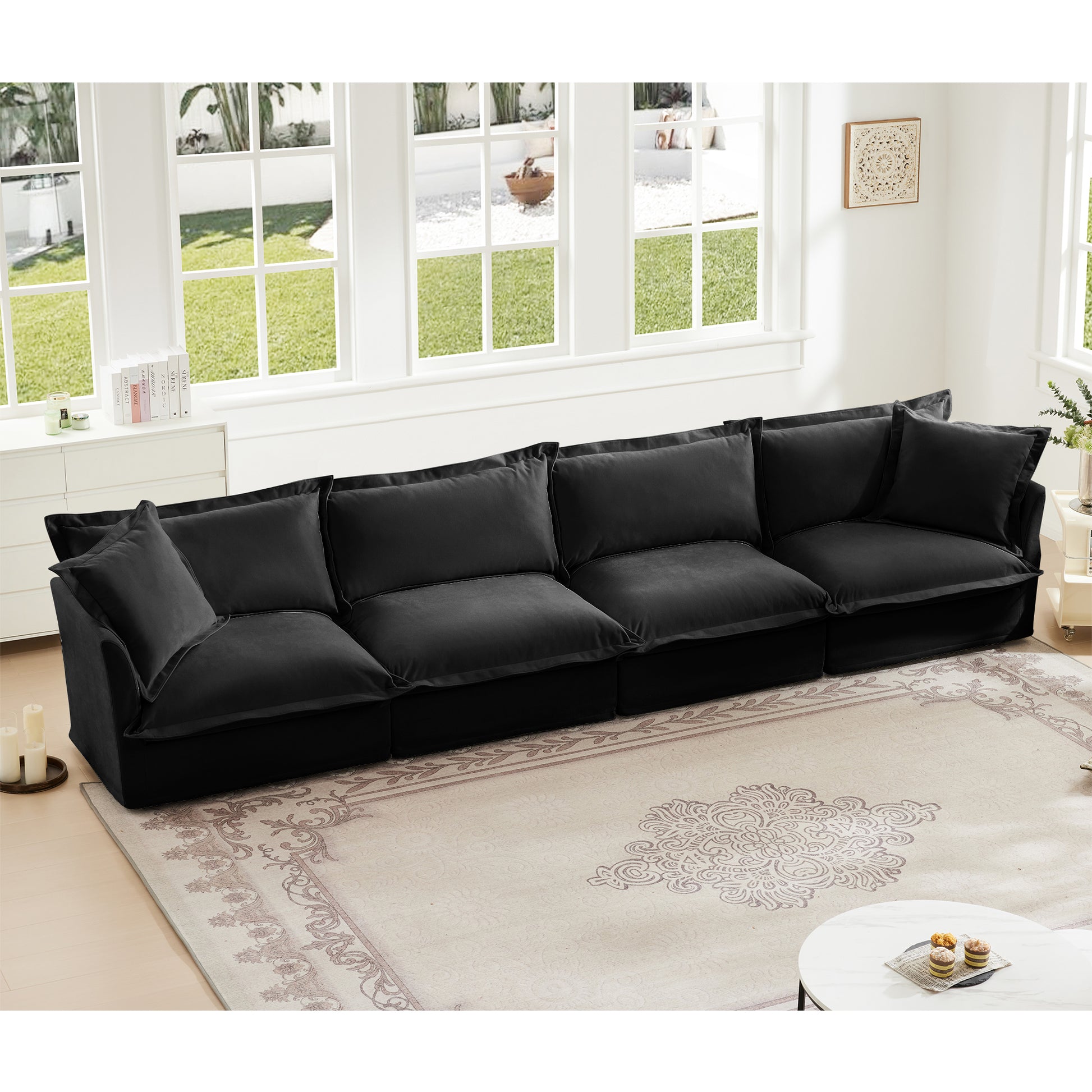 Slipcovered Long Sofa, 4 Seater Sofa with Removable Cover, Extra Deep Couch for Living Room, ,Chenille Fabric Cloud Like Comfy Sofa Couch, Black Chenille Fabric