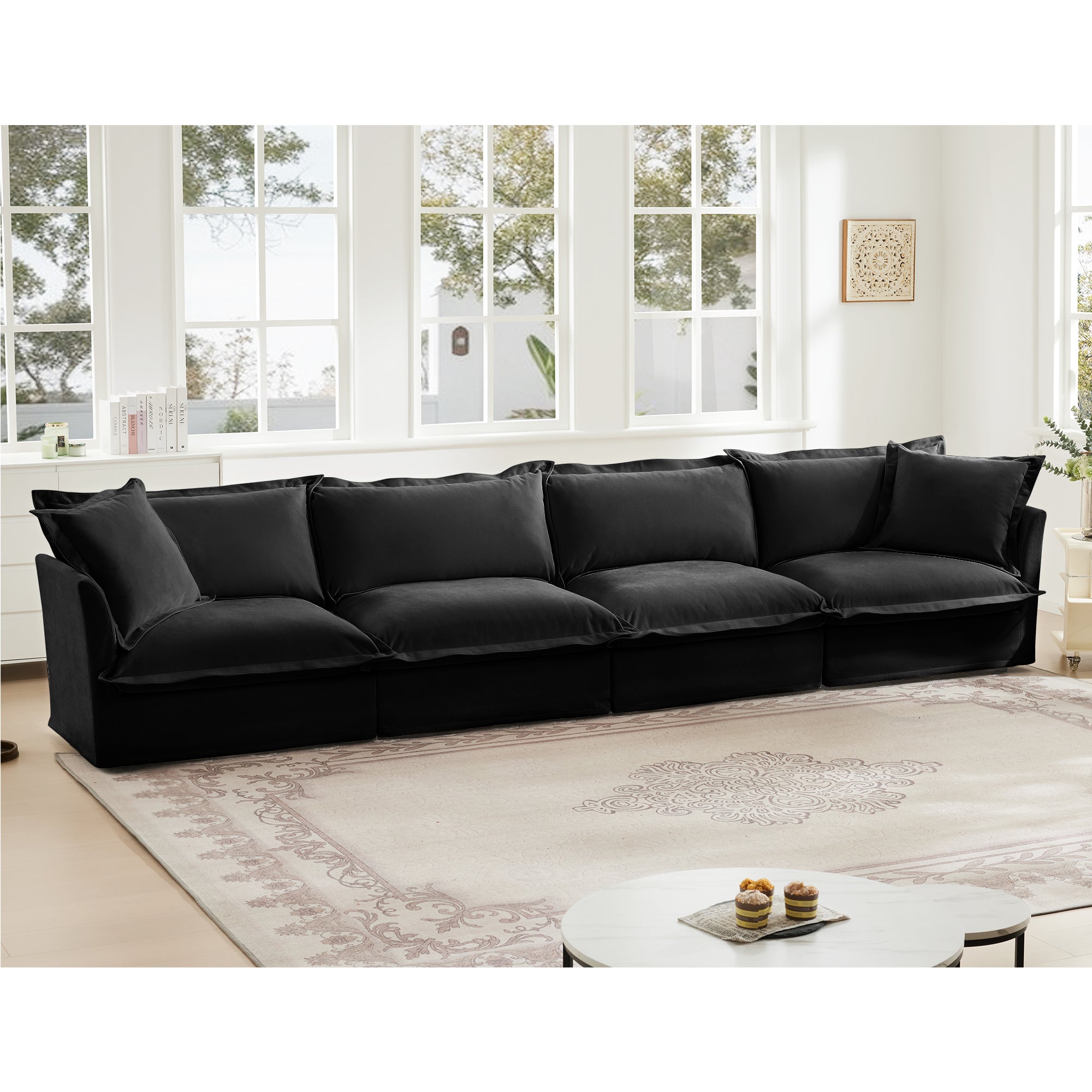 Slipcovered Long Sofa, 4 Seater Sofa with Removable Cover, Extra Deep Couch for Living Room, ,Chenille Fabric Cloud Like Comfy Sofa Couch, Black Chenille Fabric