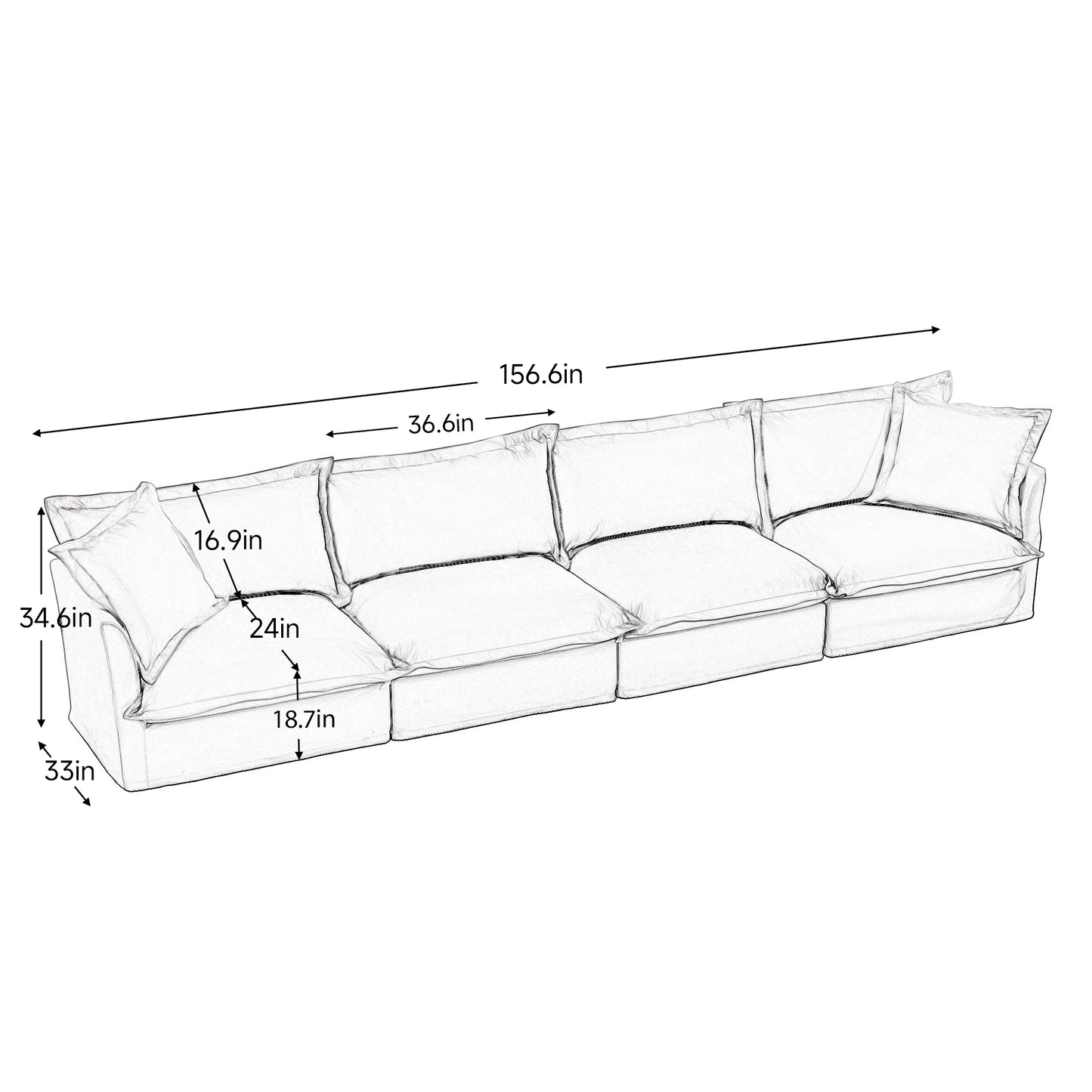 Slipcovered Long Sofa, 4 Seater Sofa with Removable Cover, Extra Deep Couch for Living Room, ,Chenille Fabric Cloud Like Comfy Sofa Couch, Black Chenille Fabric