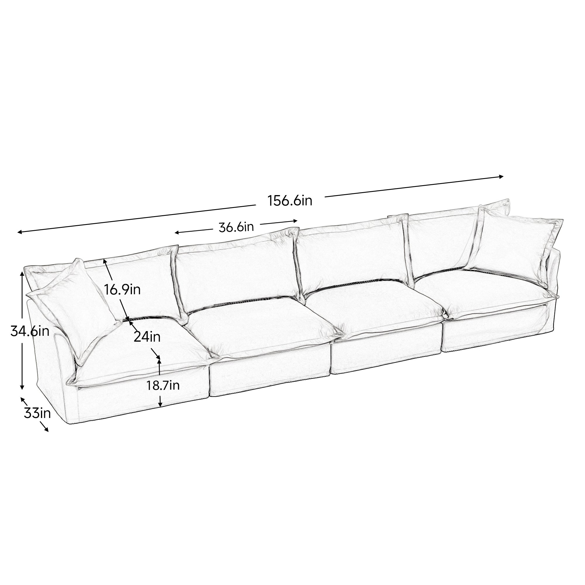 Slipcovered Long Sofa, 4 Seater Sofa with Removable Cover, Extra Deep Couch for Living Room, ,Chenille Fabric Cloud Like Comfy Sofa Couch, Black Chenille Fabric