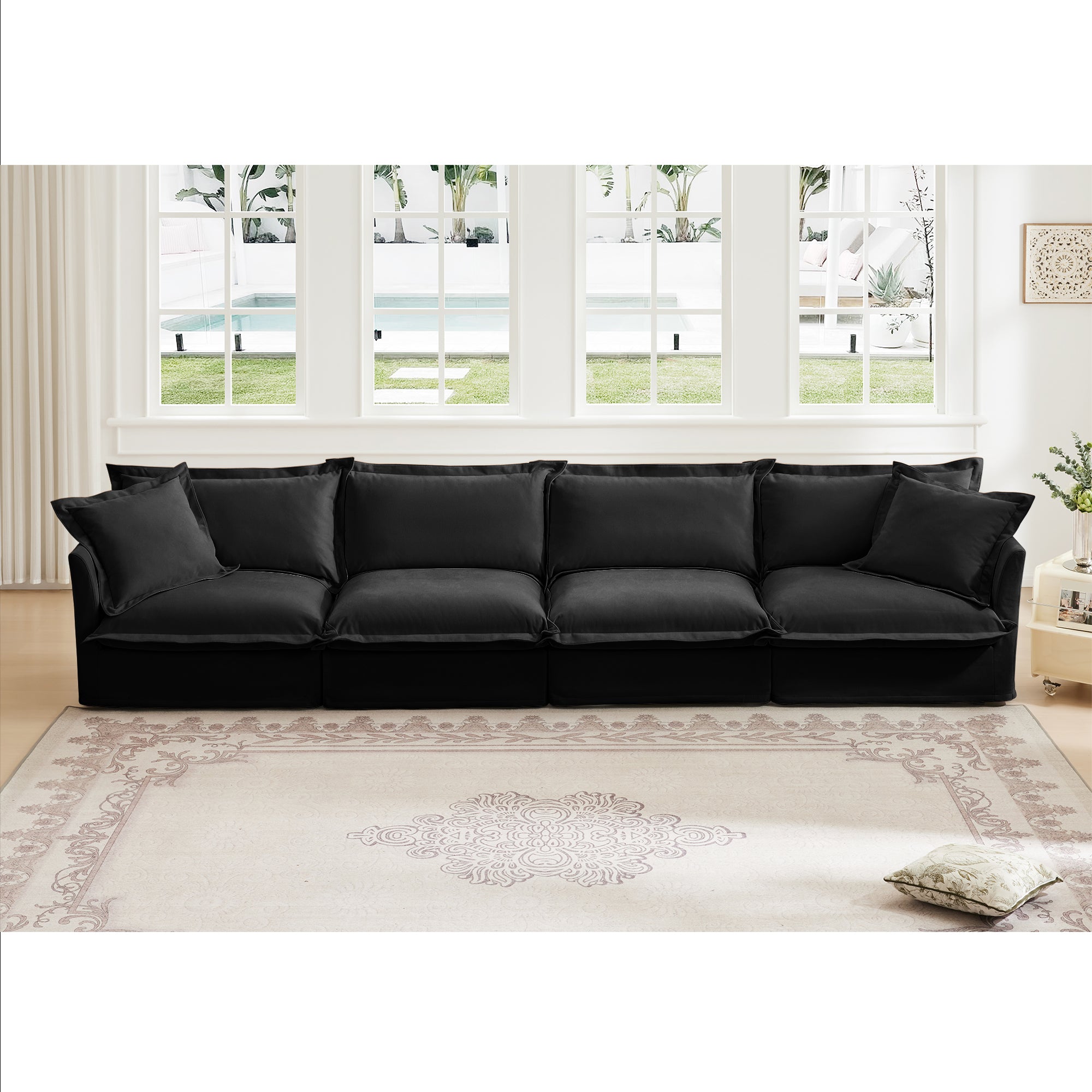 Slipcovered Long Sofa, 4 Seater Sofa with Removable Cover, Extra Deep Couch for Living Room, ,Chenille Fabric Cloud Like Comfy Sofa Couch, Black Chenille Fabric