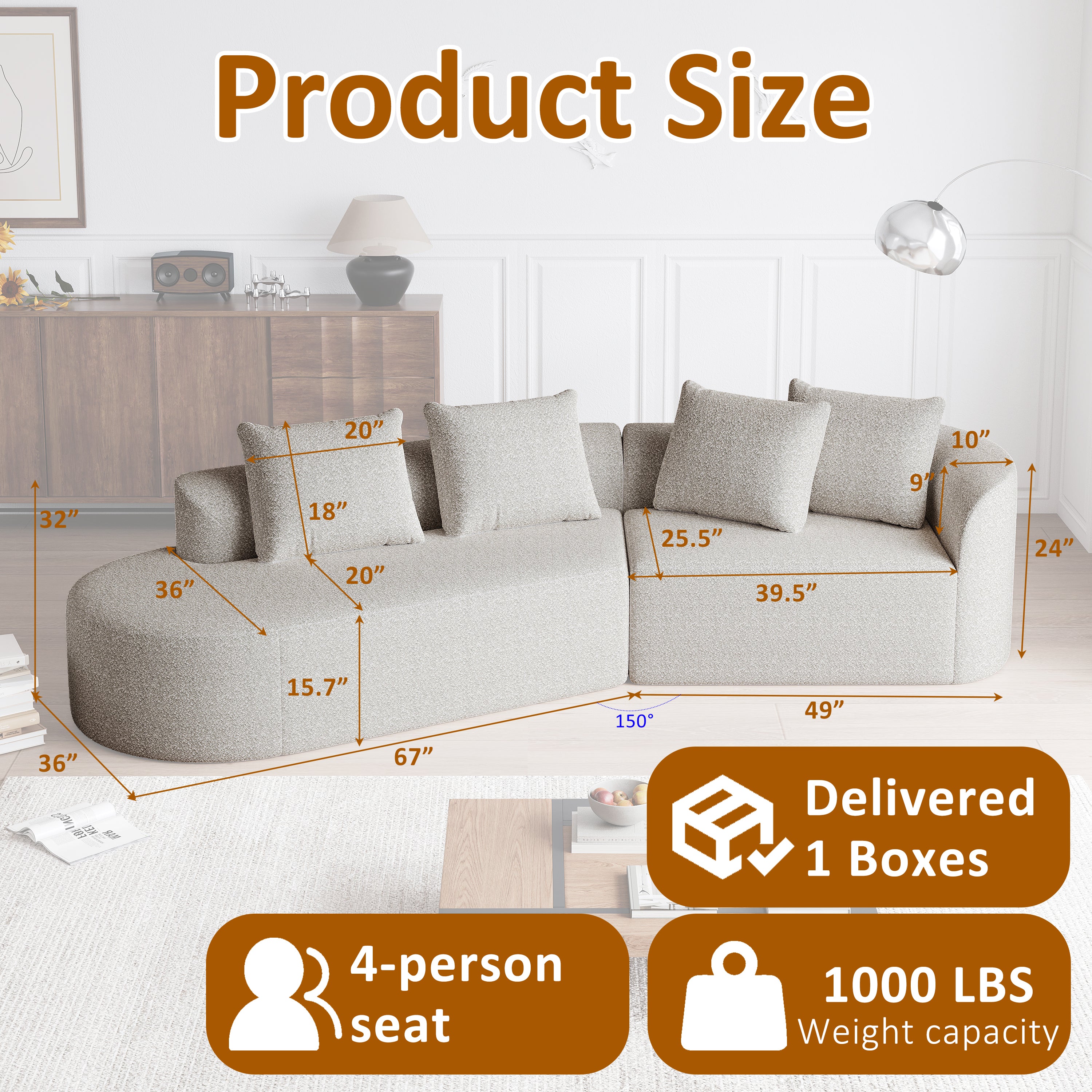 Modern Upholstered Oversized Sectional Sofa, 112-Inch Chenille 4-Seater Extra Deep & Wide Seat Curved Cloud Couch with 4 Throw Pillows, Free Combination Sofa Couch for Living Room,Bedroom