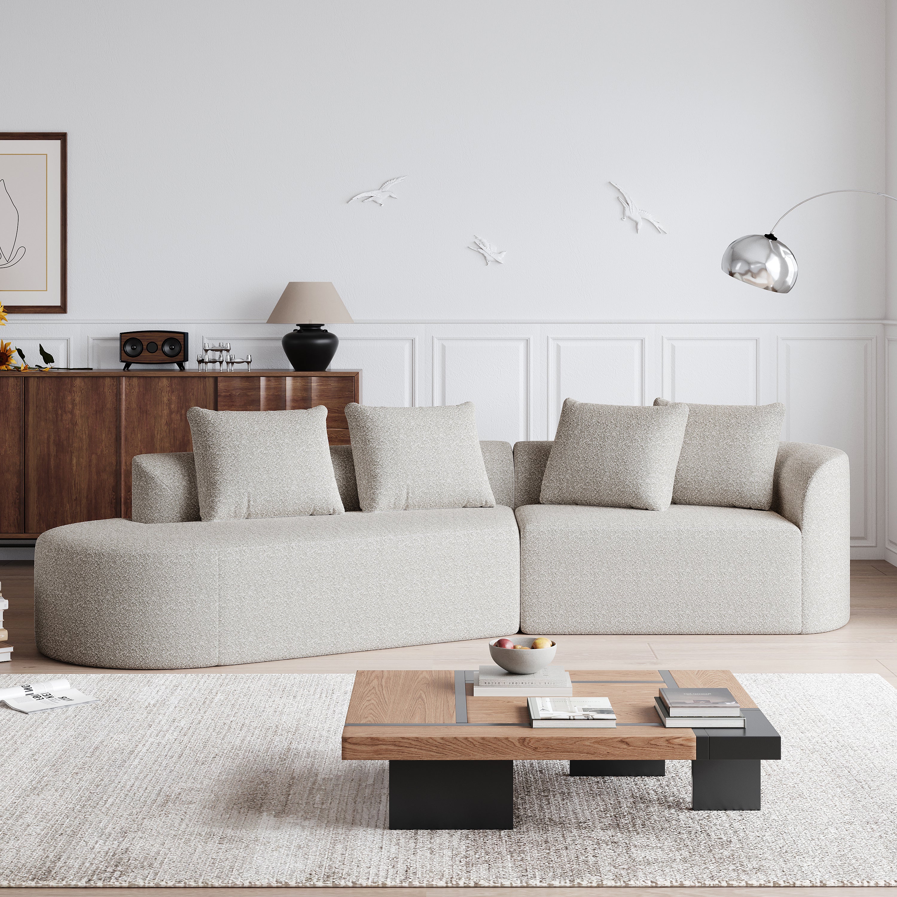 Modern Upholstered Oversized Sectional Sofa, 112-Inch Chenille 4-Seater Extra Deep & Wide Seat Curved Cloud Couch with 4 Throw Pillows, Free Combination Sofa Couch for Living Room,Bedroom