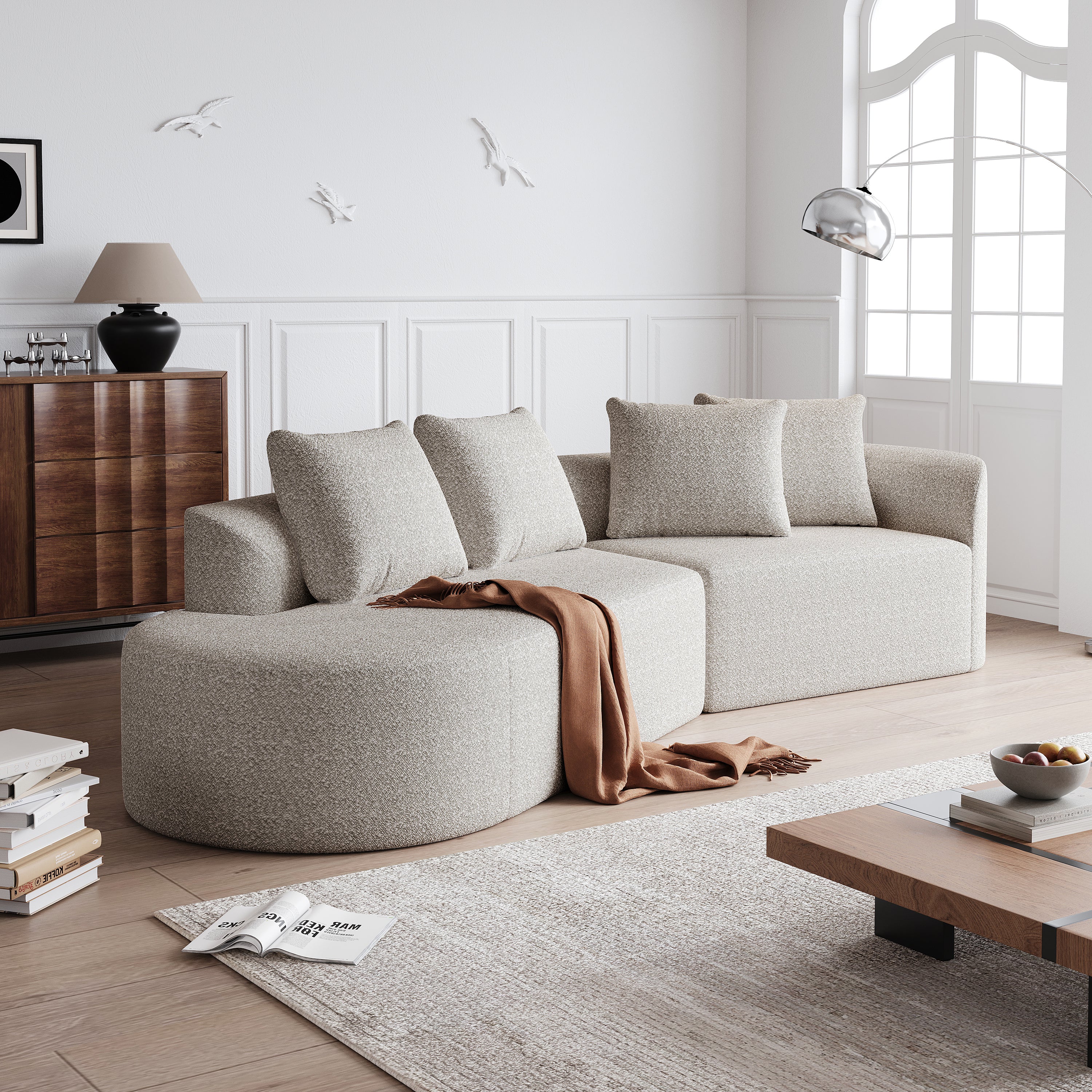 Modern Upholstered Oversized Sectional Sofa, 112-Inch Chenille 4-Seater Extra Deep & Wide Seat Curved Cloud Couch with 4 Throw Pillows, Free Combination Sofa Couch for Living Room,Bedroom