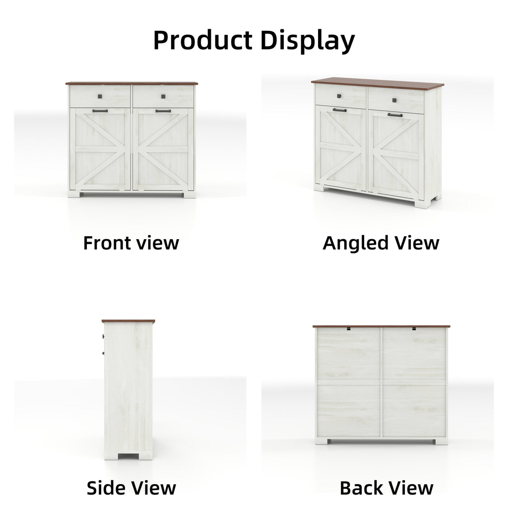 Farmhouse Barn Door Style Double Tilt Out Trash Cabinet for 20 Gallon Cans with Free Standing Recycling and Laundry Storage, Antique White & Brown Woodgrain Trash Bin