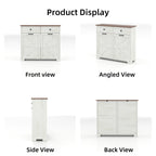 Farmhouse Barn Door Style Double Tilt Out Trash Cabinet for 20 Gallon Cans with Free Standing Recycling and Laundry Storage, Antique White & Brown Woodgrain Trash Bin