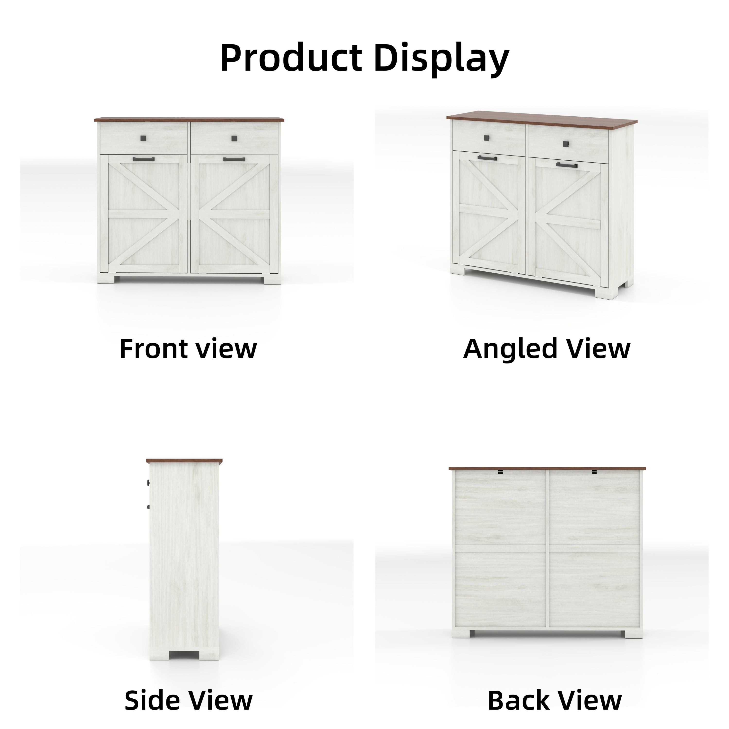 Farmhouse Barn Door Style Double Tilt Out Trash Cabinet for 20 Gallon Cans with Free Standing Recycling and Laundry Storage, Antique White & Brown Woodgrain Trash Bin