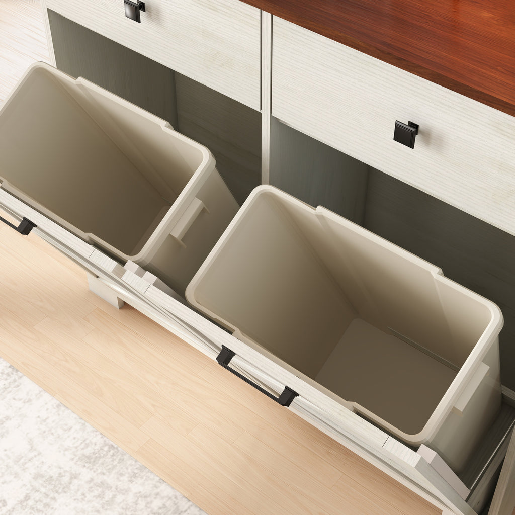 Farmhouse Barn Door Style Double Tilt Out Trash Cabinet for 20 Gallon Cans with Free Standing Recycling and Laundry Storage, Antique White & Brown Woodgrain Trash Bin