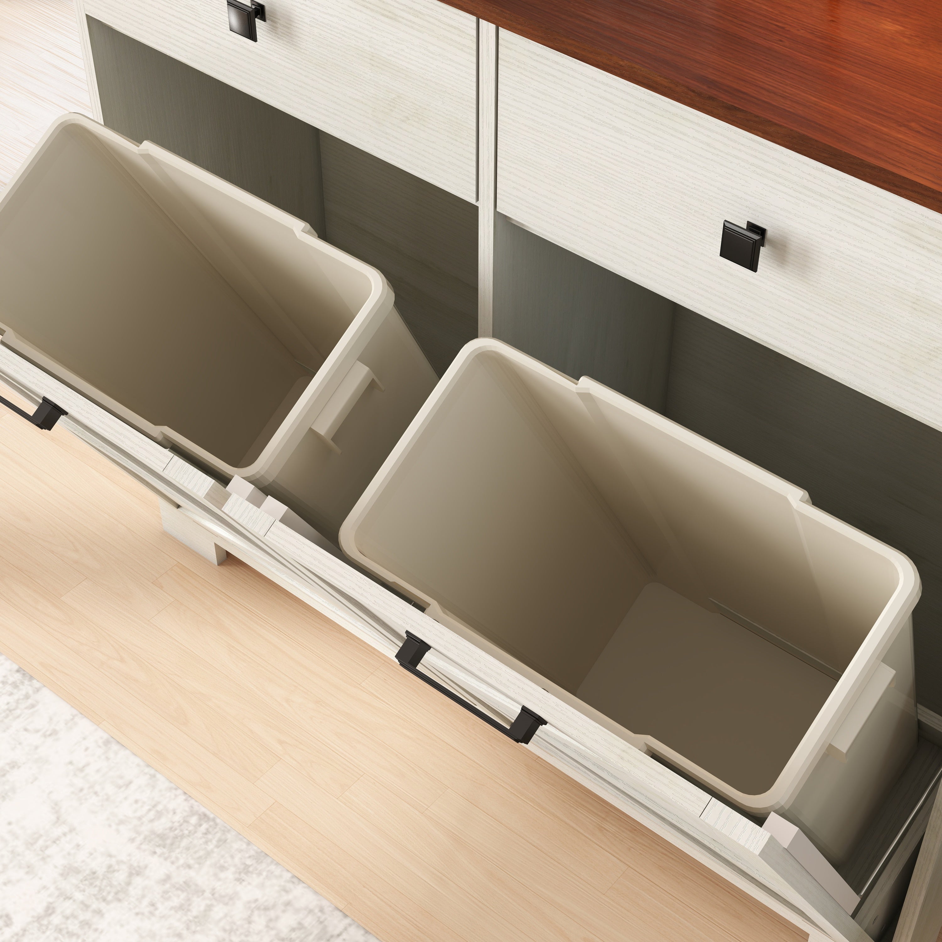 Farmhouse Barn Door Style Double Tilt Out Trash Cabinet for 20 Gallon Cans with Free Standing Recycling and Laundry Storage, Antique White & Brown Woodgrain Trash Bin