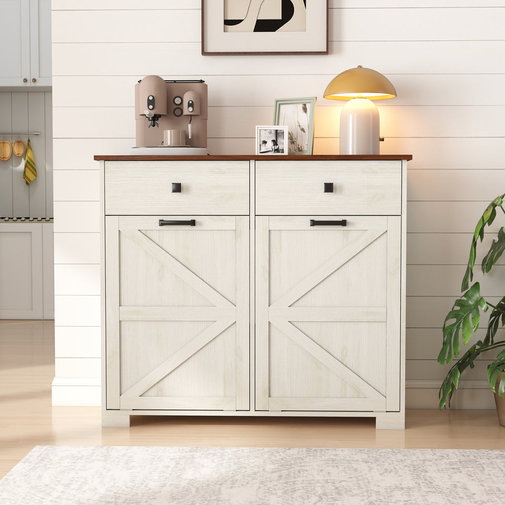 Farmhouse Barn Door Style Double Tilt Out Trash Cabinet for 20 Gallon Cans with Free Standing Recycling and Laundry Storage, Antique White & Brown Woodgrain Trash Bin