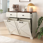 Farmhouse Barn Door Style Double Tilt Out Trash Cabinet for 20 Gallon Cans with Free Standing Recycling and Laundry Storage, Antique White & Brown Woodgrain Trash Bin