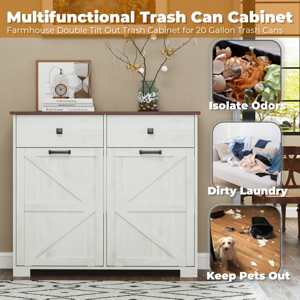 Farmhouse Barn Door Style Double Tilt Out Trash Cabinet for 20 Gallon Cans with Free Standing Recycling and Laundry Storage, Antique White & Brown Woodgrain Trash Bin