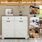 Farmhouse Barn Door Style Double Tilt Out Trash Cabinet for 20 Gallon Cans with Free Standing Recycling and Laundry Storage, Antique White & Brown Woodgrain Trash Bin
