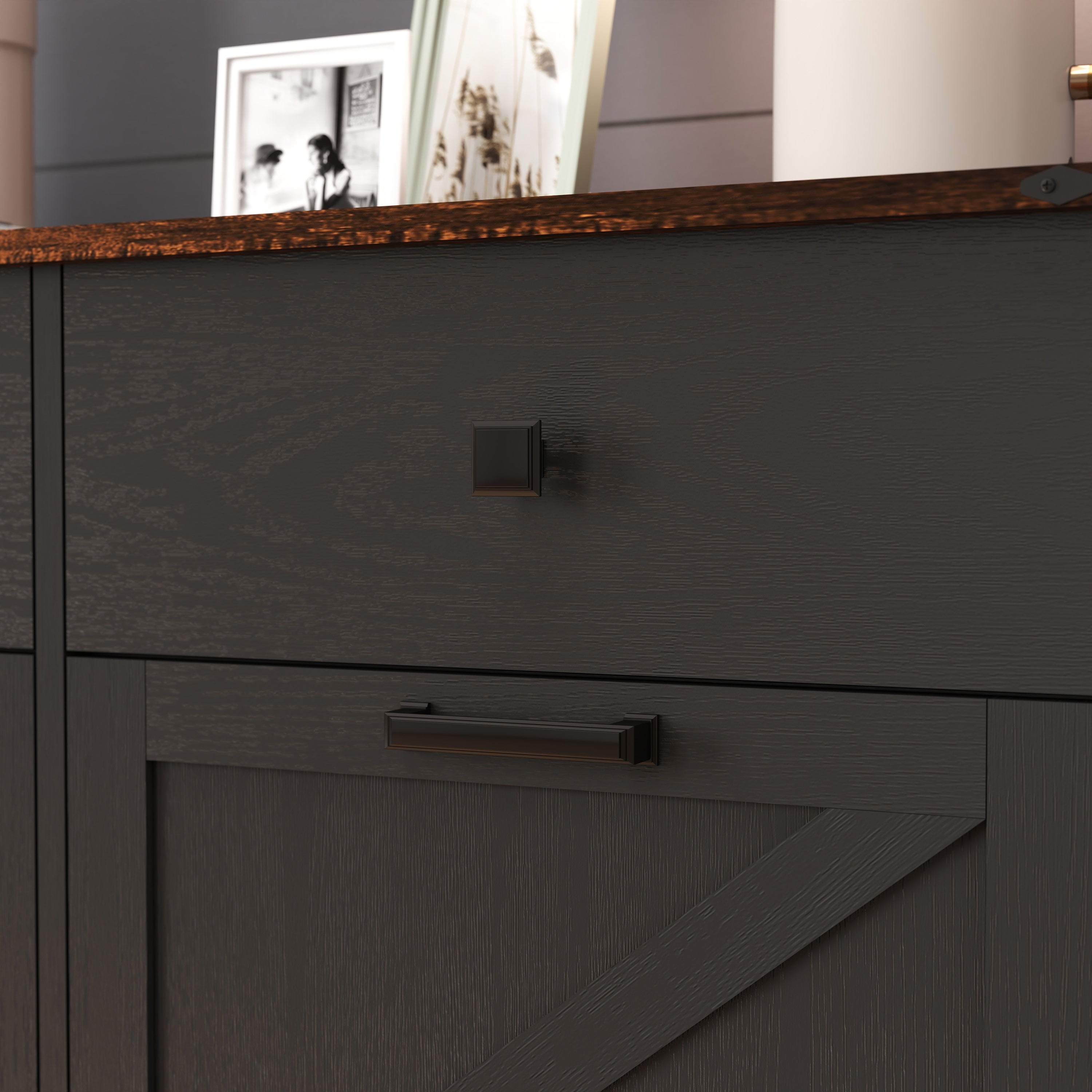 Farmhouse Black Double Tilt Out Trash Cabinet with Hideaway Drawer and Barn Door Style, Engineered Wood, 39.3''×13''×34.45'' Trash Bin