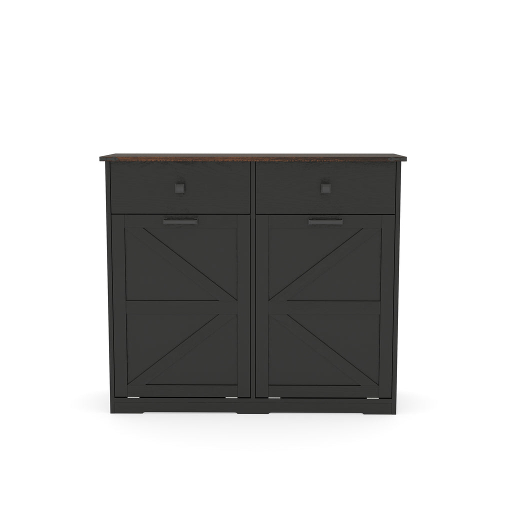 Farmhouse Black Double Tilt Out Trash Cabinet with Hideaway Drawer and Barn Door Style, Engineered Wood, 39.3''×13''×34.45'' Trash Bin