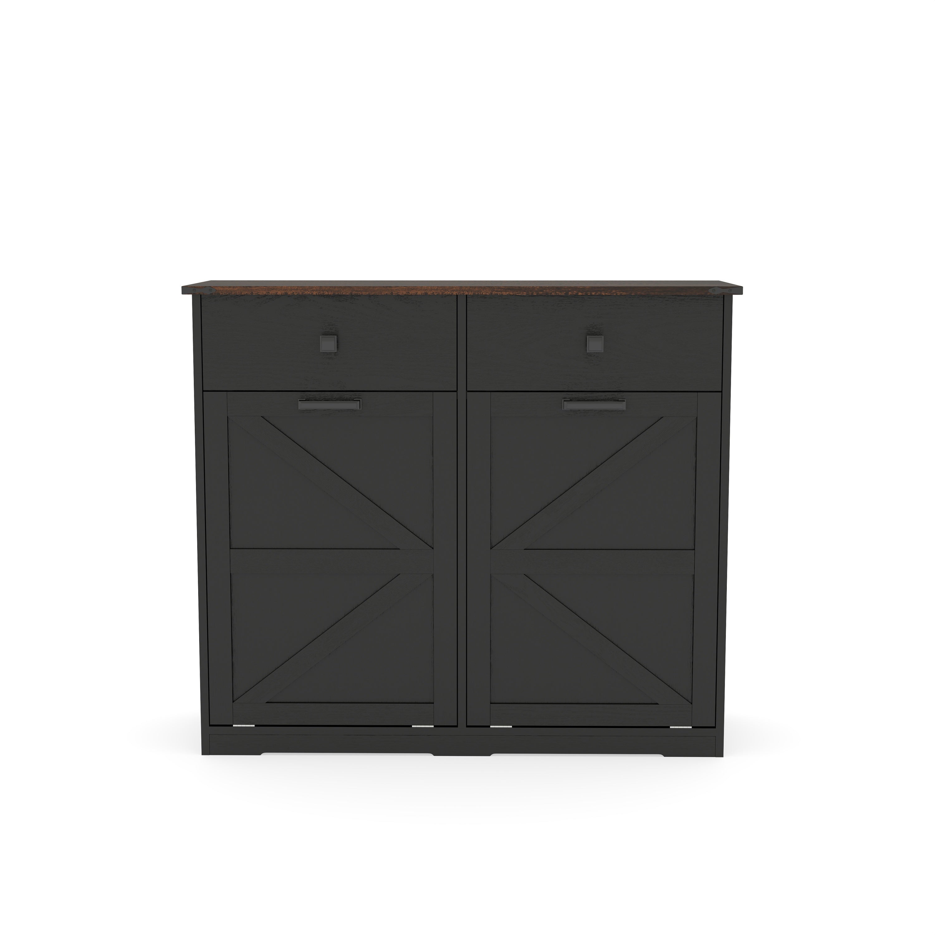 Farmhouse Black Double Tilt Out Trash Cabinet with Hideaway Drawer and Barn Door Style, Engineered Wood, 39.3''×13''×34.45'' Trash Bin