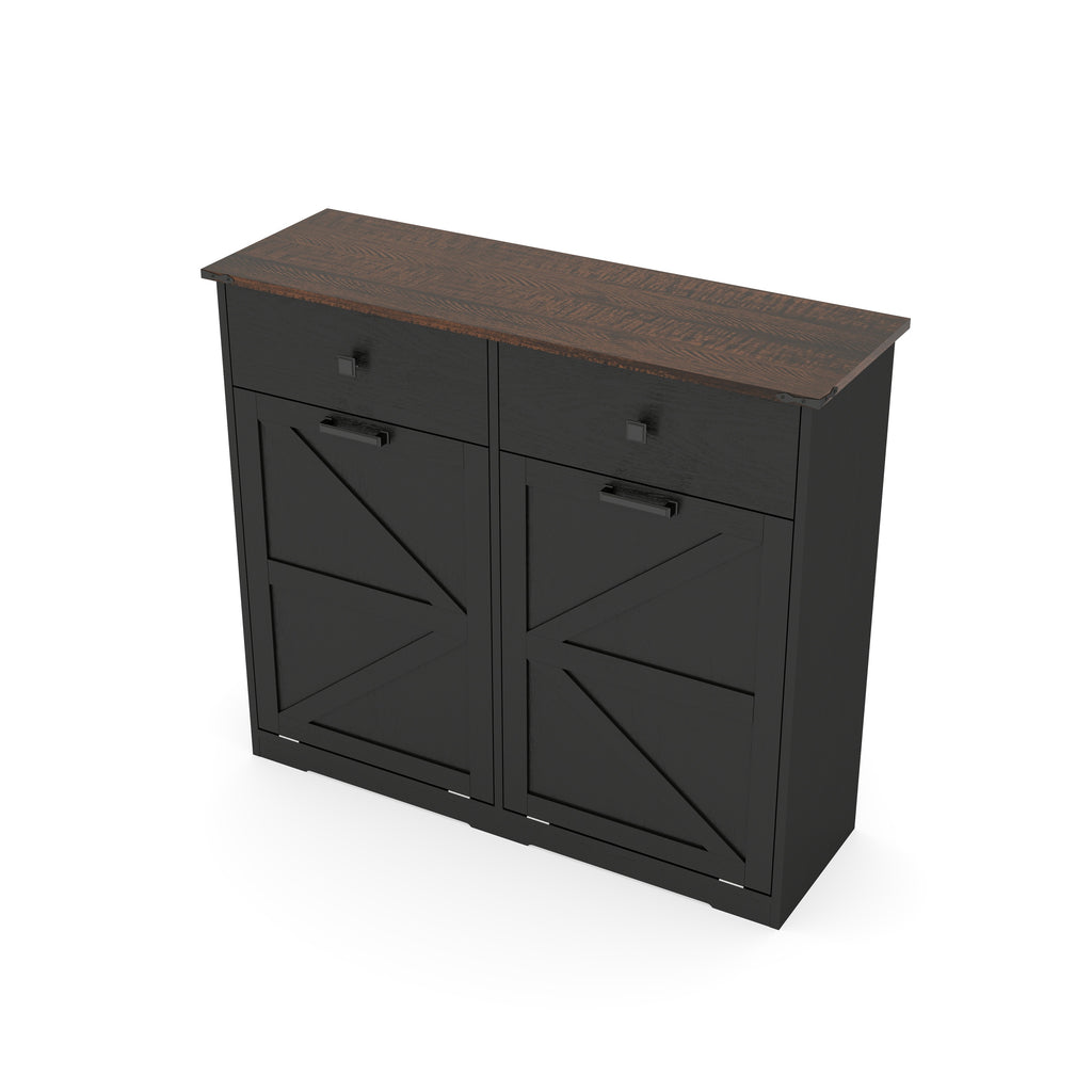 Farmhouse Black Double Tilt Out Trash Cabinet with Hideaway Drawer and Barn Door Style, Engineered Wood, 39.3''×13''×34.45'' Trash Bin