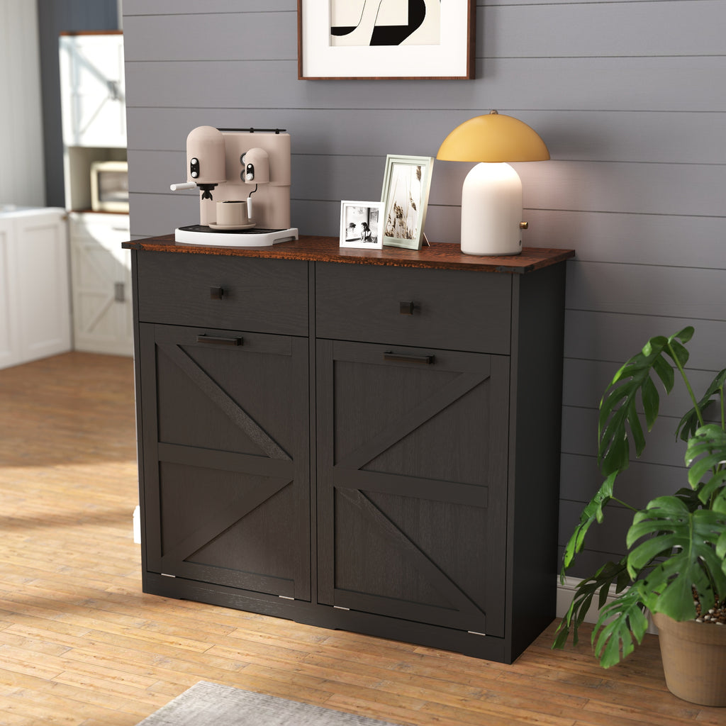 Farmhouse Black Double Tilt Out Trash Cabinet with Hideaway Drawer and Barn Door Style, Engineered Wood, 39.3''×13''×34.45'' Trash Bin