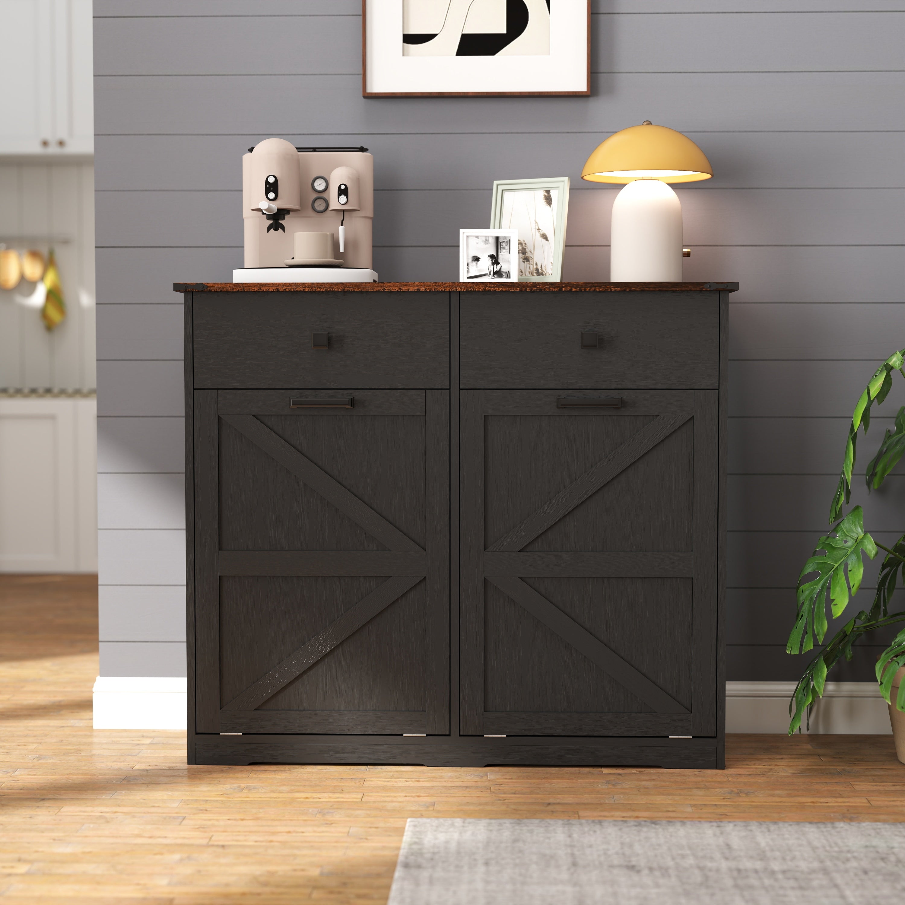 Farmhouse Black Double Tilt Out Trash Cabinet with Hideaway Drawer and Barn Door Style, Engineered Wood, 39.3''×13''×34.45'' Trash Bin