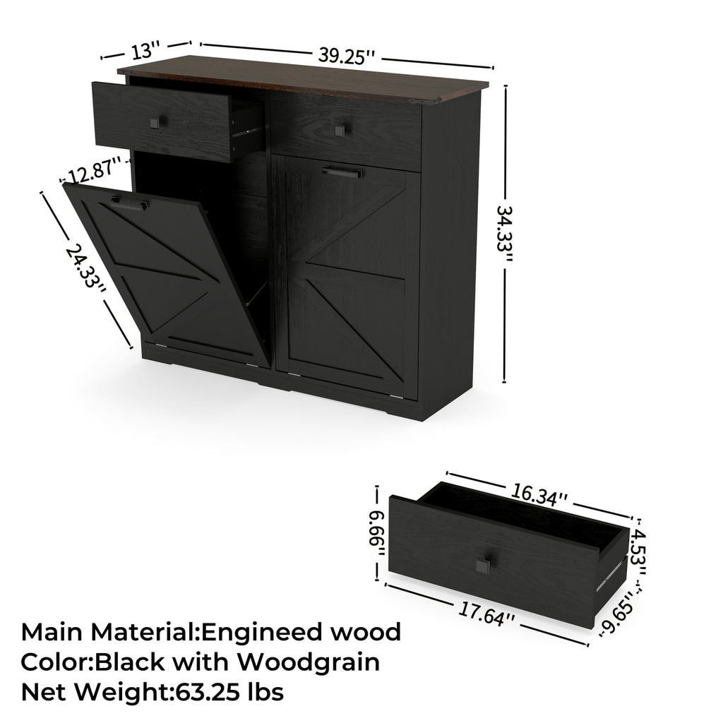 Farmhouse Black Double Tilt Out Trash Cabinet with Hideaway Drawer and Barn Door Style, Engineered Wood, 39.3''×13''×34.45'' Trash Bin