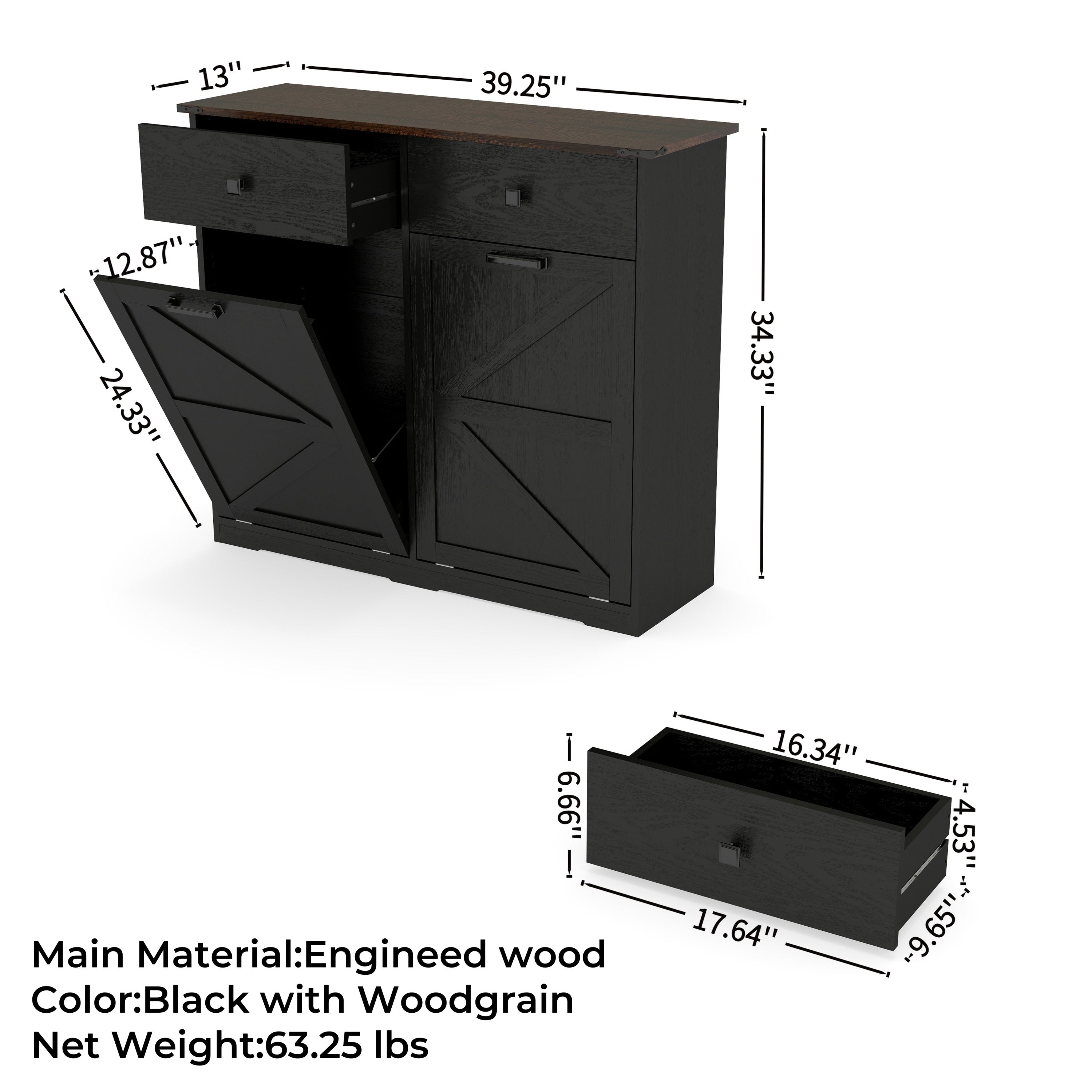 Farmhouse Black Double Tilt Out Trash Cabinet with Hideaway Drawer and Barn Door Style, Engineered Wood, 39.3''×13''×34.45'' Trash Bin