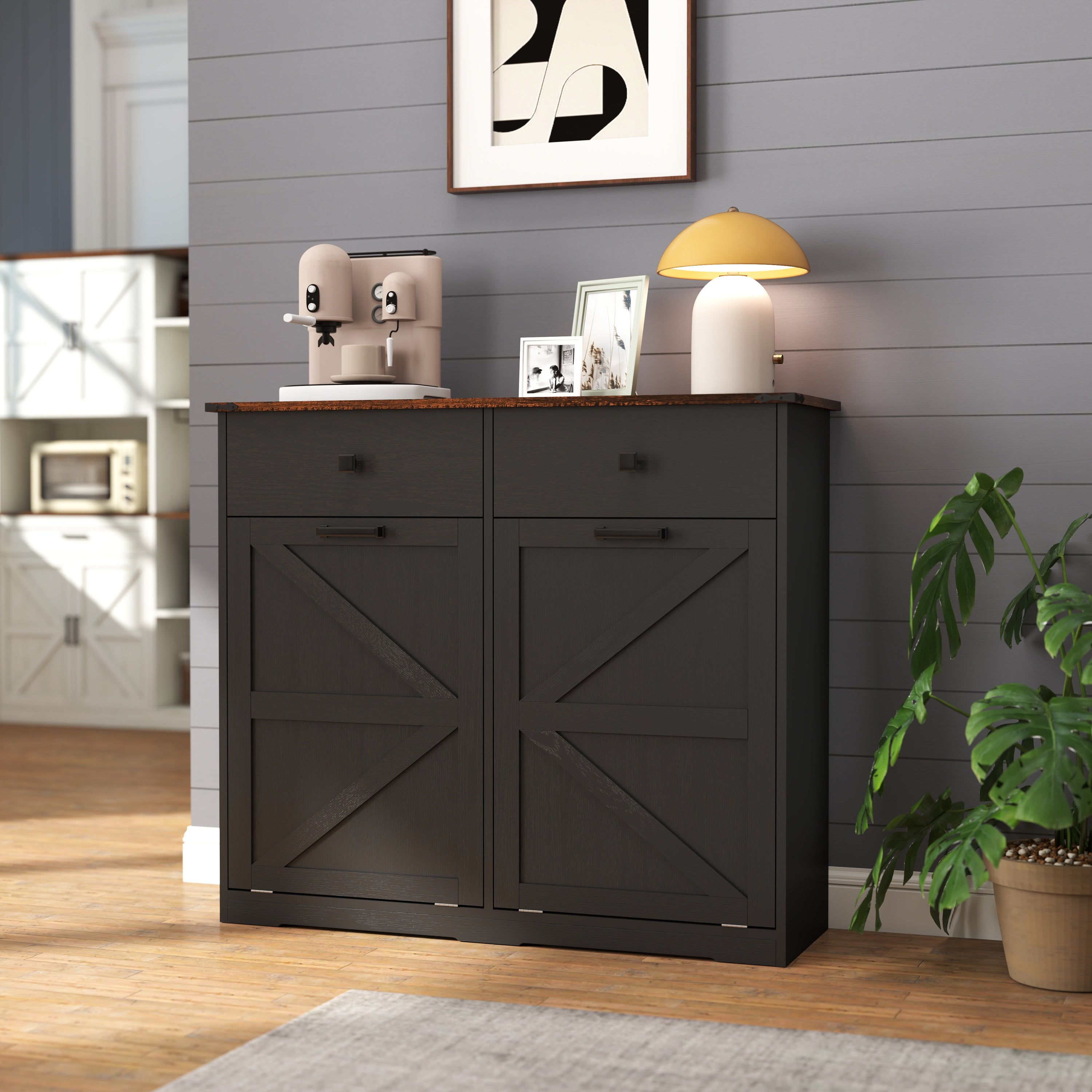 Farmhouse Black Double Tilt Out Trash Cabinet with Hideaway Drawer and Barn Door Style, Engineered Wood, 39.3''×13''×34.45'' Trash Bin