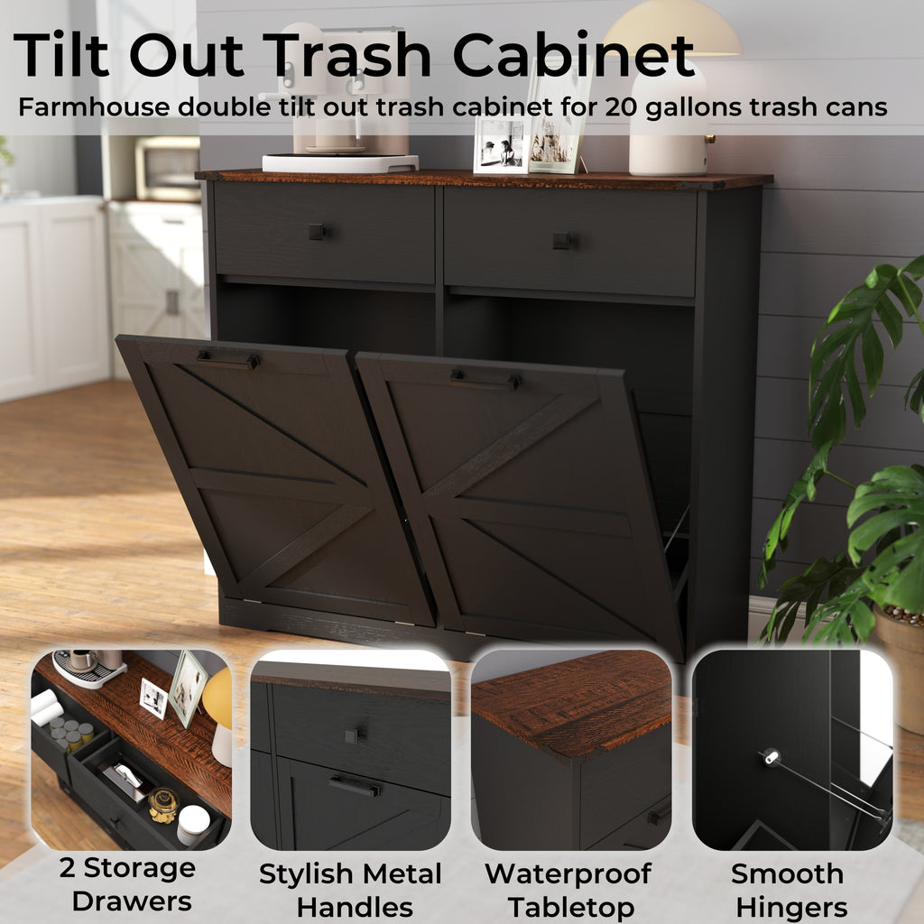 Farmhouse Black Double Tilt Out Trash Cabinet with Hideaway Drawer and Barn Door Style, Engineered Wood, 39.3''×13''×34.45'' Trash Bin