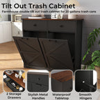 Farmhouse Black Double Tilt Out Trash Cabinet with Hideaway Drawer and Barn Door Style, Engineered Wood, 39.3''×13''×34.45'' Trash Bin