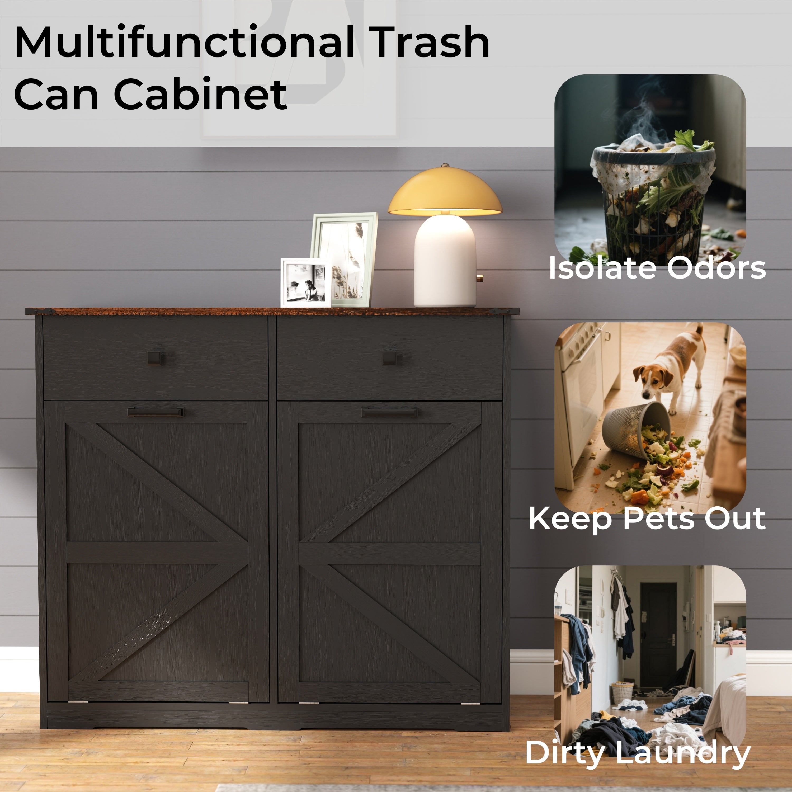 Farmhouse Black Double Tilt Out Trash Cabinet with Hideaway Drawer and Barn Door Style, Engineered Wood, 39.3''×13''×34.45'' Trash Bin