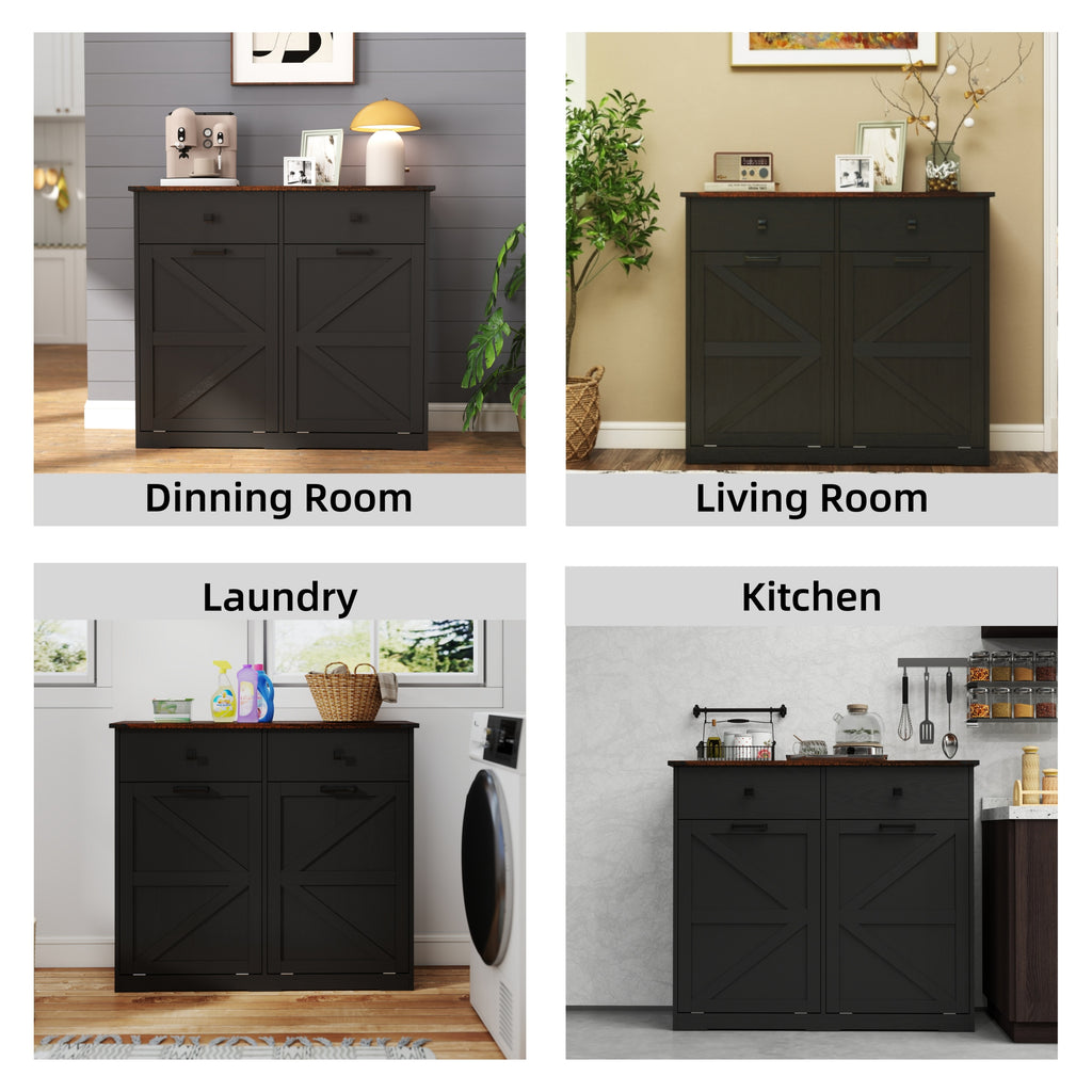 Farmhouse Black Double Tilt Out Trash Cabinet with Hideaway Drawer and Barn Door Style, Engineered Wood, 39.3''×13''×34.45'' Trash Bin