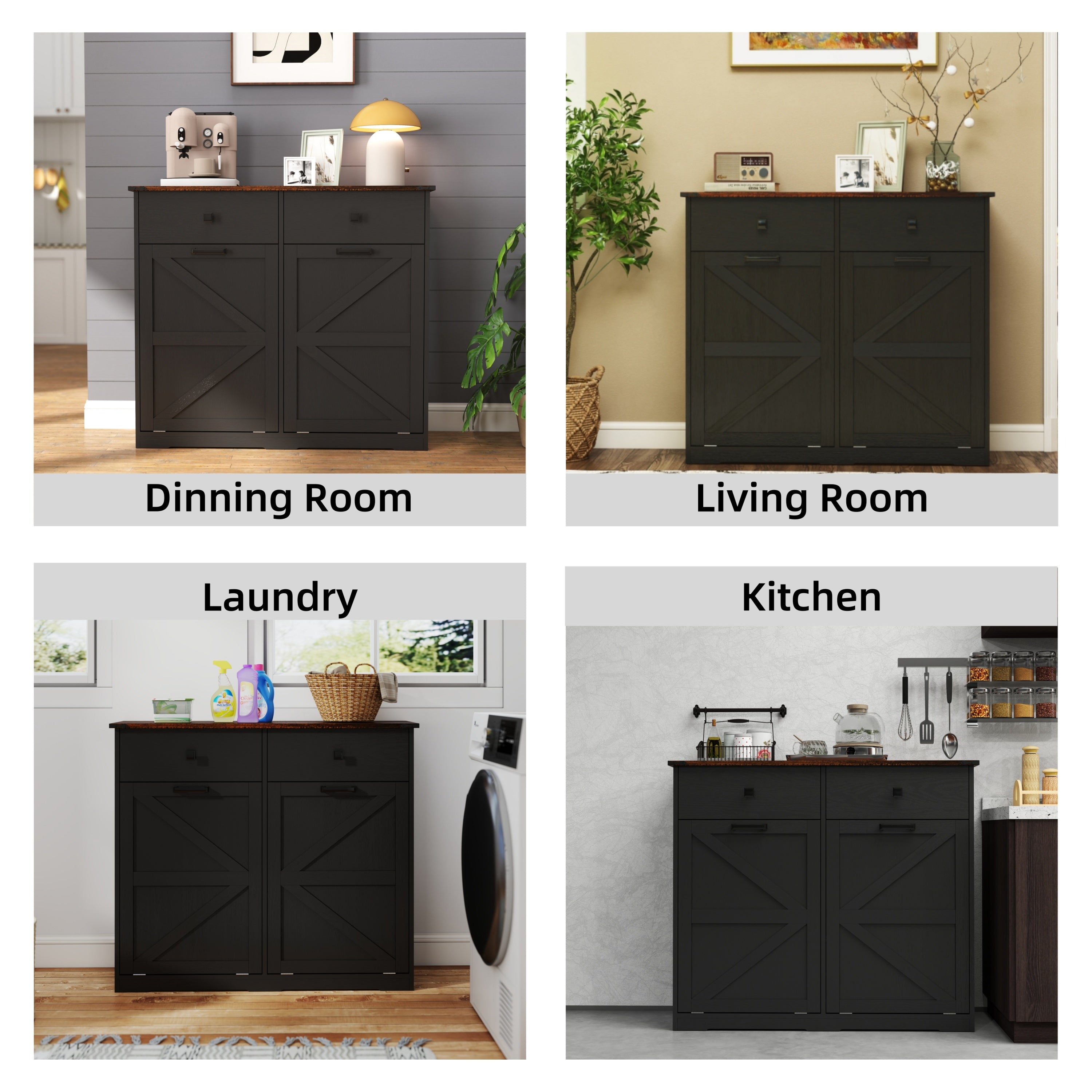 Farmhouse Black Double Tilt Out Trash Cabinet with Hideaway Drawer and Barn Door Style, Engineered Wood, 39.3''×13''×34.45'' Trash Bin