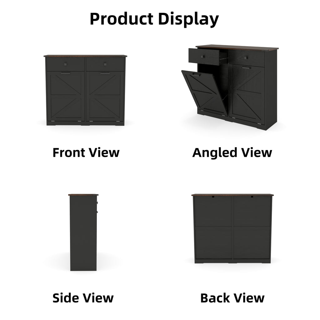 Farmhouse Black Double Tilt Out Trash Cabinet with Hideaway Drawer and Barn Door Style, Engineered Wood, 39.3''×13''×34.45'' Trash Bin