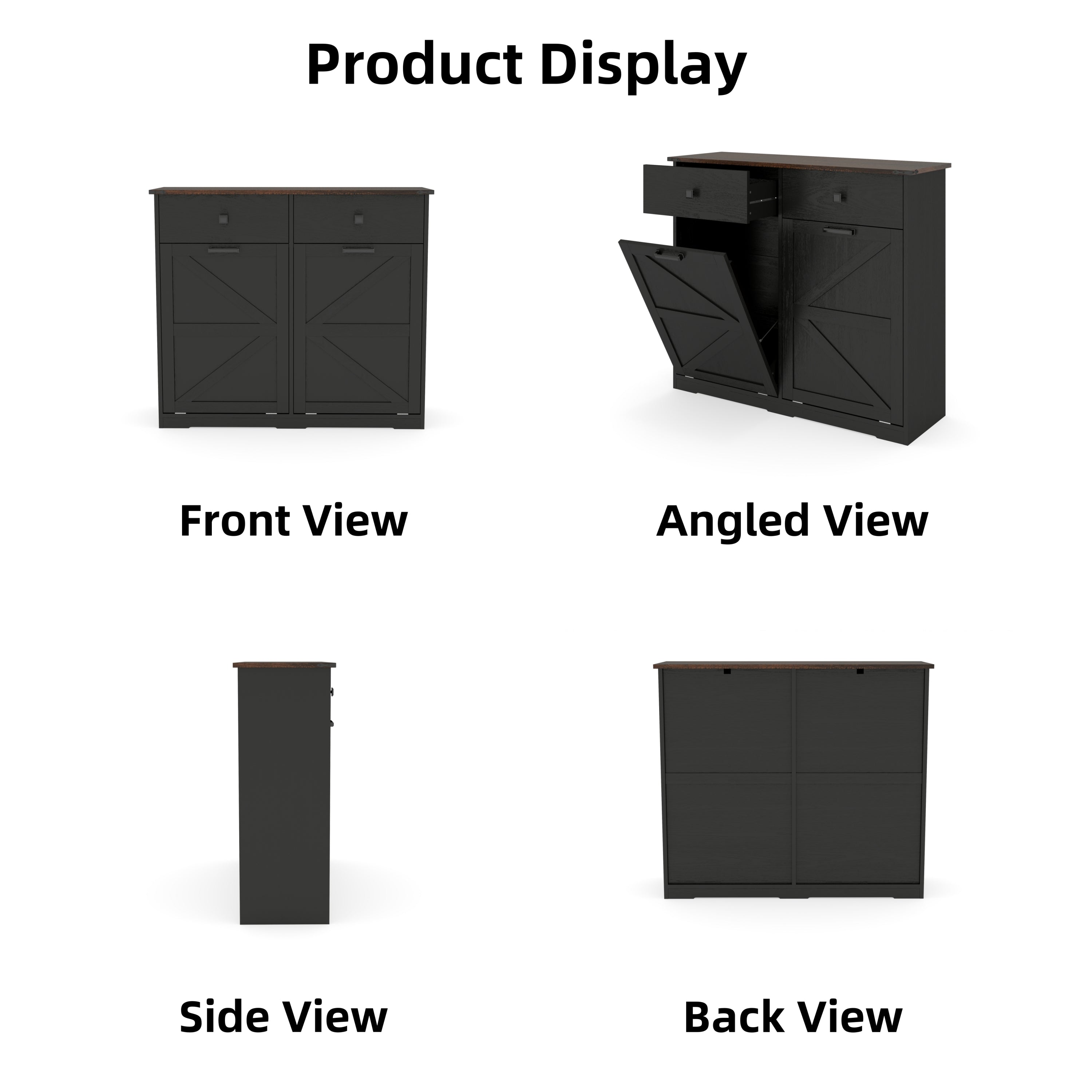 Farmhouse Black Double Tilt Out Trash Cabinet with Hideaway Drawer and Barn Door Style, Engineered Wood, 39.3''×13''×34.45'' Trash Bin