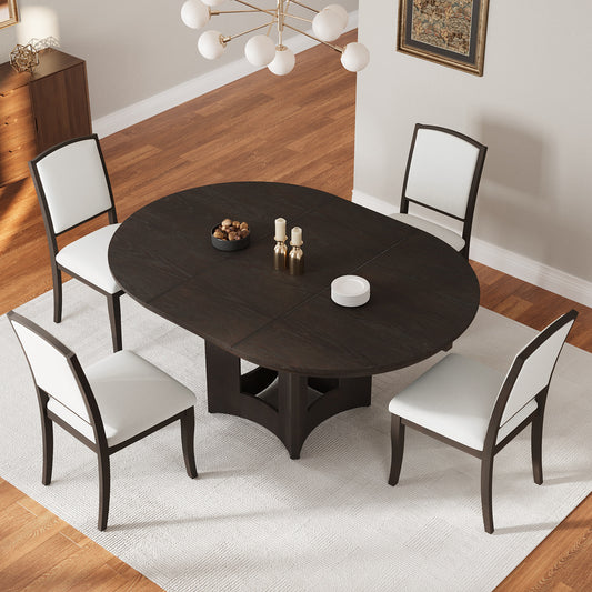 TOPMAX Farmhouse Extendable Round Dining Table Set for 4, 5-Piece Kitchen Table Set with 4 Upholstered Chairs and 16inch Removable Leaf for Small Places, Espresso+Beige Dining Table Set