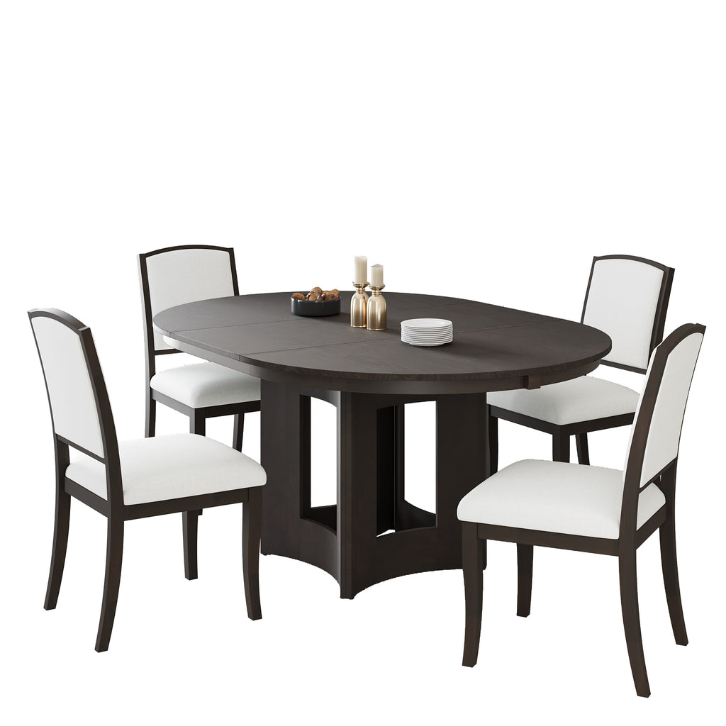TOPMAX Farmhouse Extendable Round Dining Table Set for 4, 5-Piece Kitchen Table Set with 4 Upholstered Chairs and 16inch Removable Leaf for Small Places, Espresso+Beige Dining Table Set