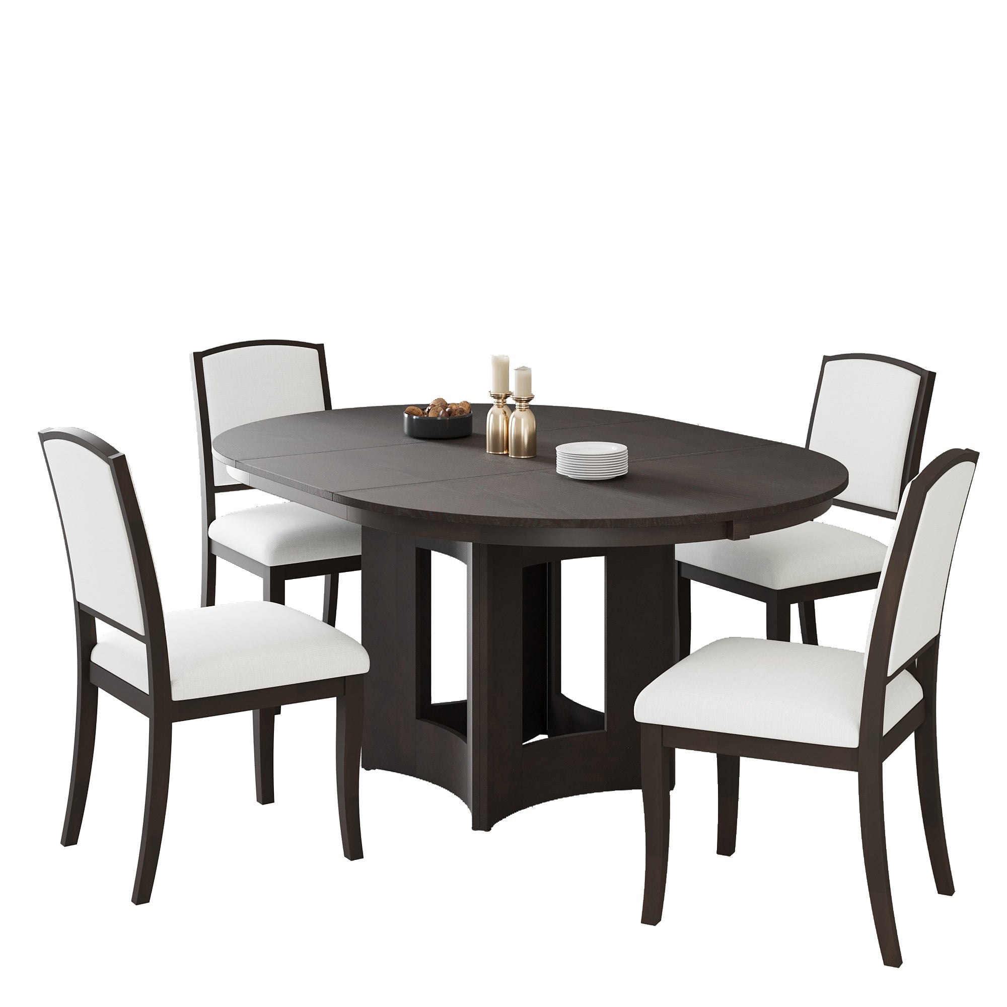 TOPMAX Farmhouse Extendable Round Dining Table Set for 4, 5-Piece Kitchen Table Set with 4 Upholstered Chairs and 16inch Removable Leaf for Small Places, Espresso+Beige Dining Table Set