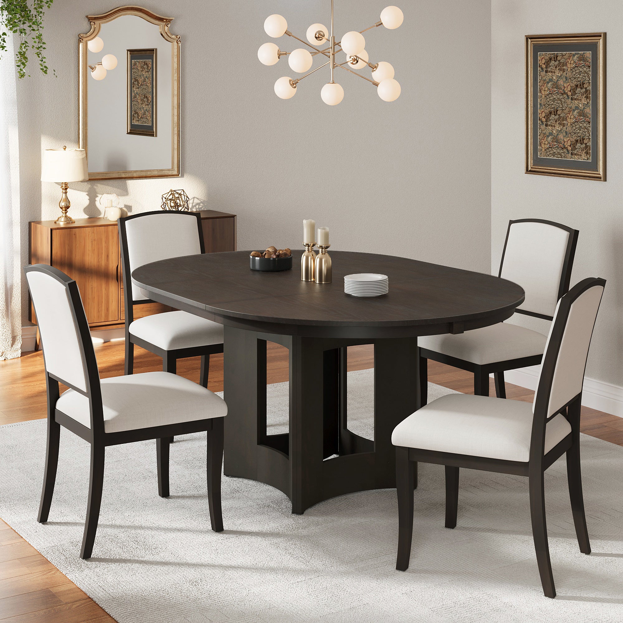 TOPMAX Farmhouse Extendable Round Dining Table Set for 4, 5-Piece Kitchen Table Set with 4 Upholstered Chairs and 16inch Removable Leaf for Small Places, Espresso+Beige Dining Table Set