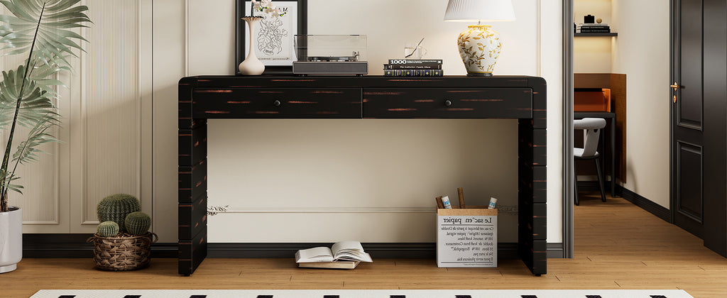 TREXM Curved Console Table with Storage, Wooden Entryway Table with 2 Drawers, Farmhouse Rustic Console Tables for Entryway, Hallway, Living Room, Distressed Black