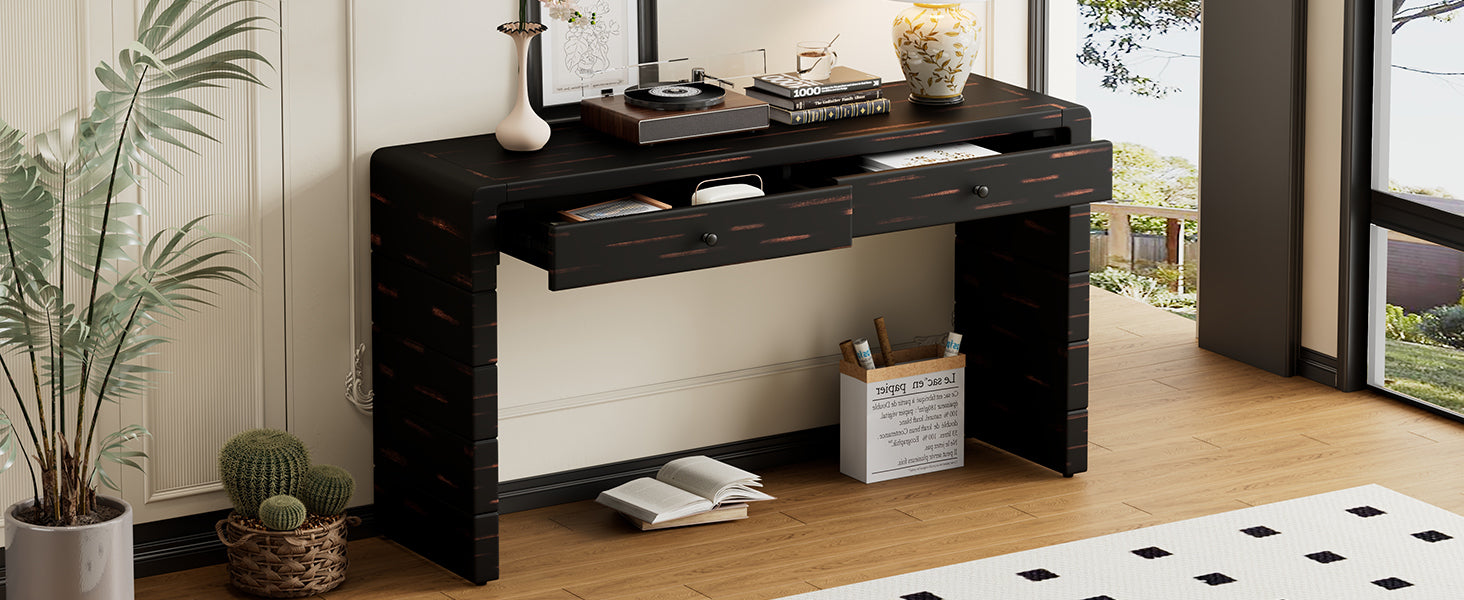 TREXM Curved Console Table with Storage, Wooden Entryway Table with 2 Drawers, Farmhouse Rustic Console Tables for Entryway, Hallway, Living Room, Distressed Black