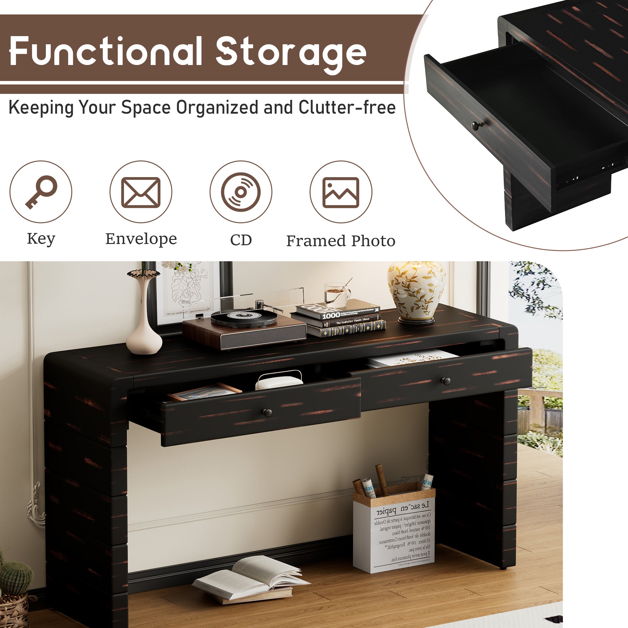 TREXM Curved Console Table with Storage, Wooden Entryway Table with 2 Drawers, Farmhouse Rustic Console Tables for Entryway, Hallway, Living Room, Distressed Black