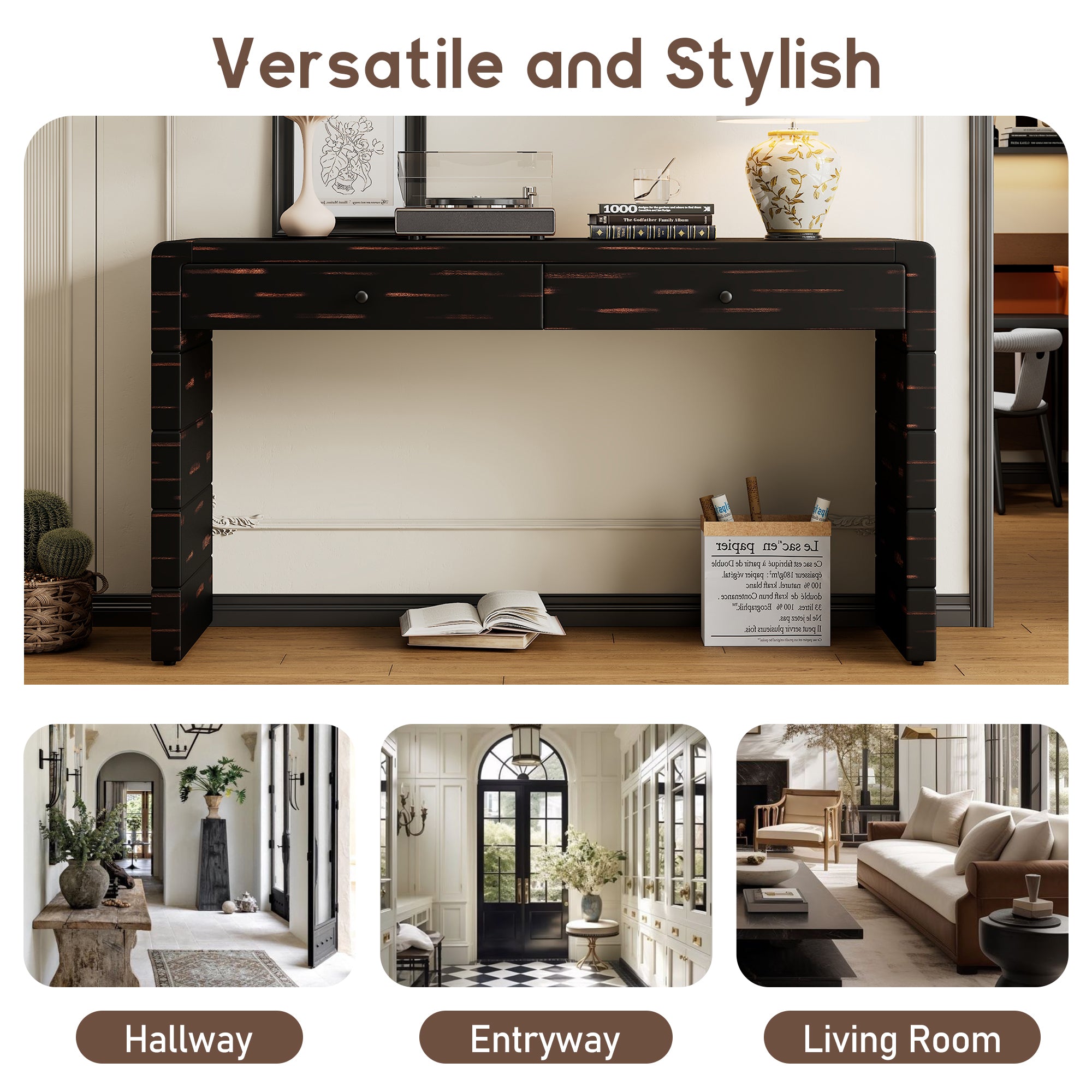 TREXM Curved Console Table with Storage, Wooden Entryway Table with 2 Drawers, Farmhouse Rustic Console Tables for Entryway, Hallway, Living Room, Distressed Black