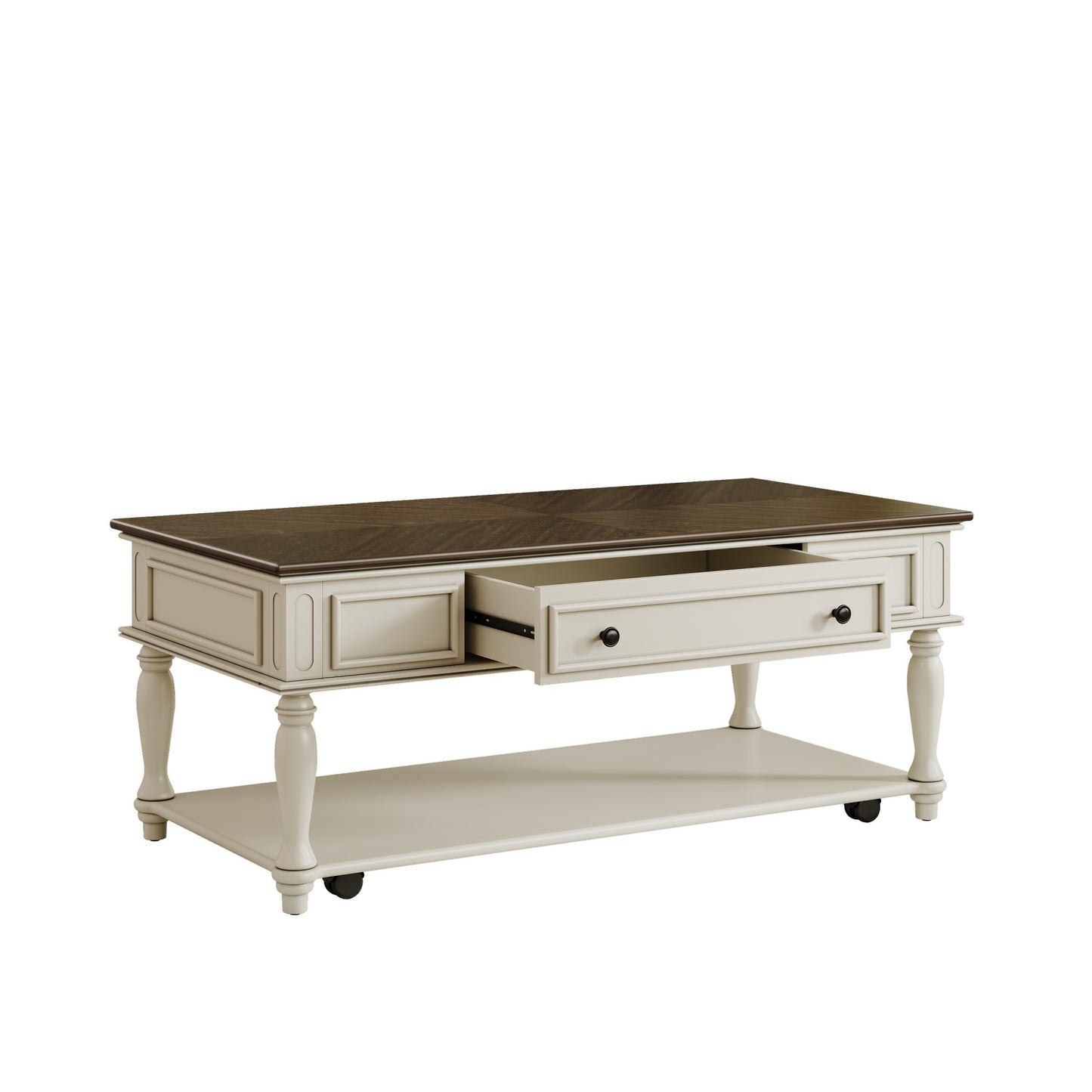 Farmhouse Coffee Table with One Drawer, Easy Assembly, Retro Movable Rectangular Cocktail Table with Lockable Wheels, Country Style Center Table with Solid Wood Legs for Living Room, Grey+White