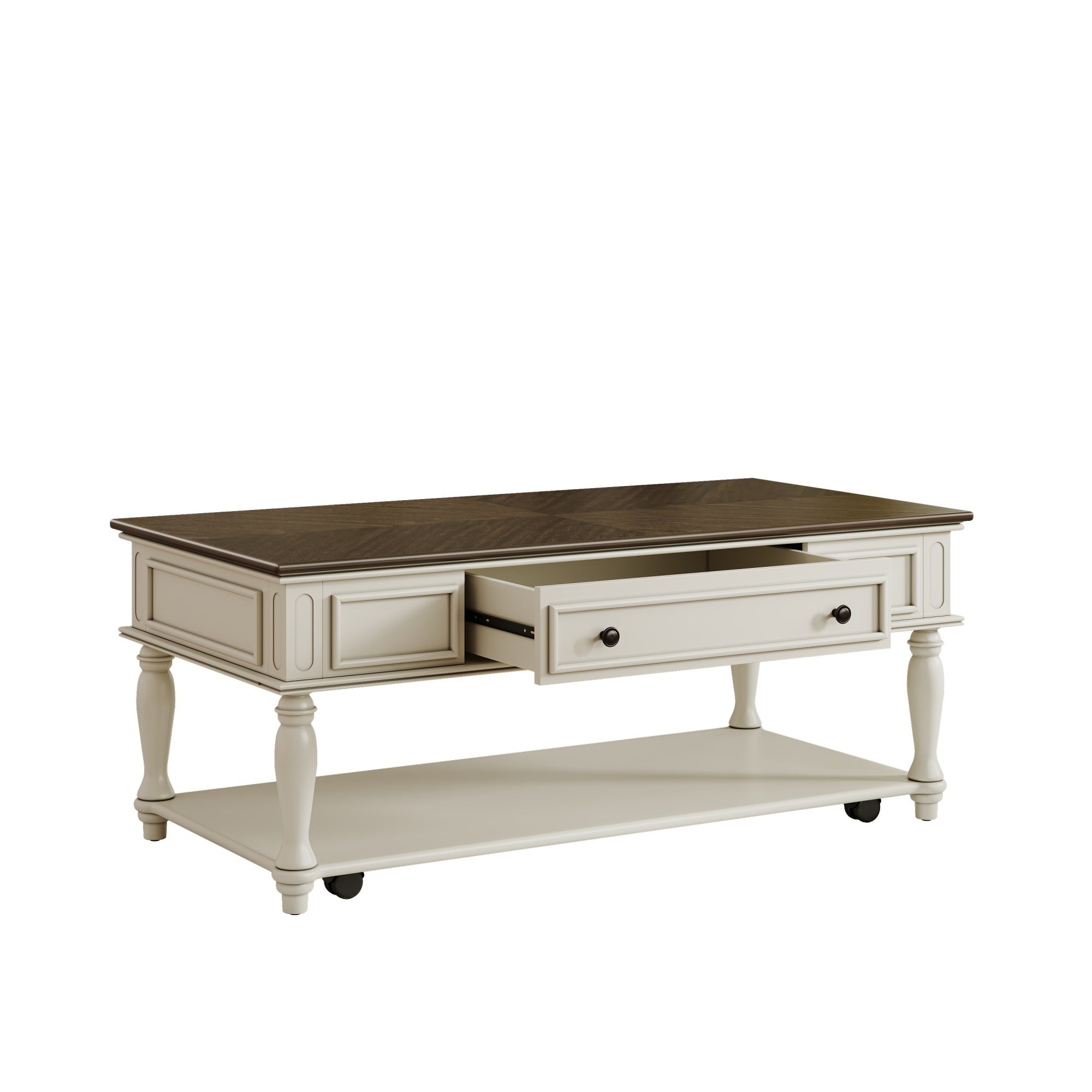 Farmhouse Coffee Table with One Drawer, Easy Assembly, Retro Movable Rectangular Cocktail Table with Lockable Wheels, Country Style Center Table with Solid Wood Legs for Living Room, Grey+White