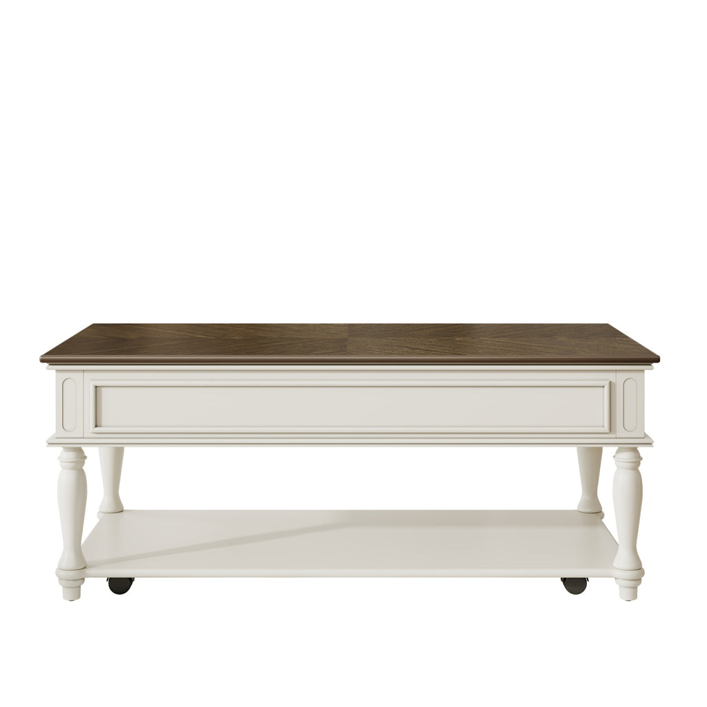 Farmhouse Coffee Table with One Drawer, Easy Assembly, Retro Movable Rectangular Cocktail Table with Lockable Wheels, Country Style Center Table with Solid Wood Legs for Living Room, Grey+White